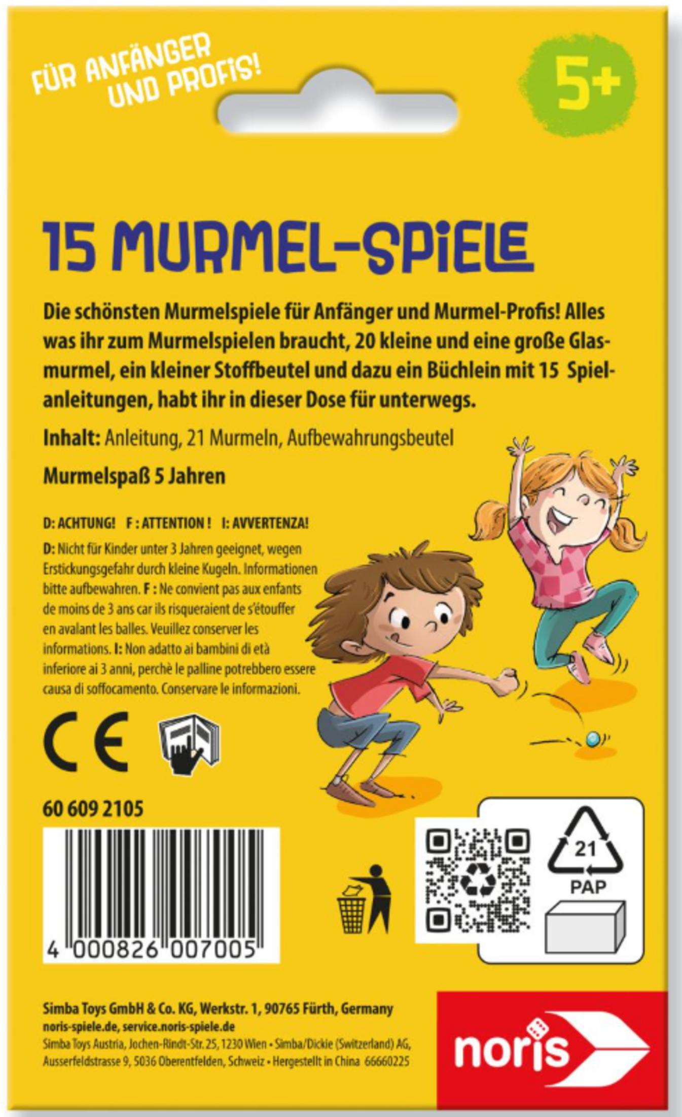 Verpackung für 15 Murmelspiele mit Illustrationen von spielenden Kindern und Warnhinweisen.