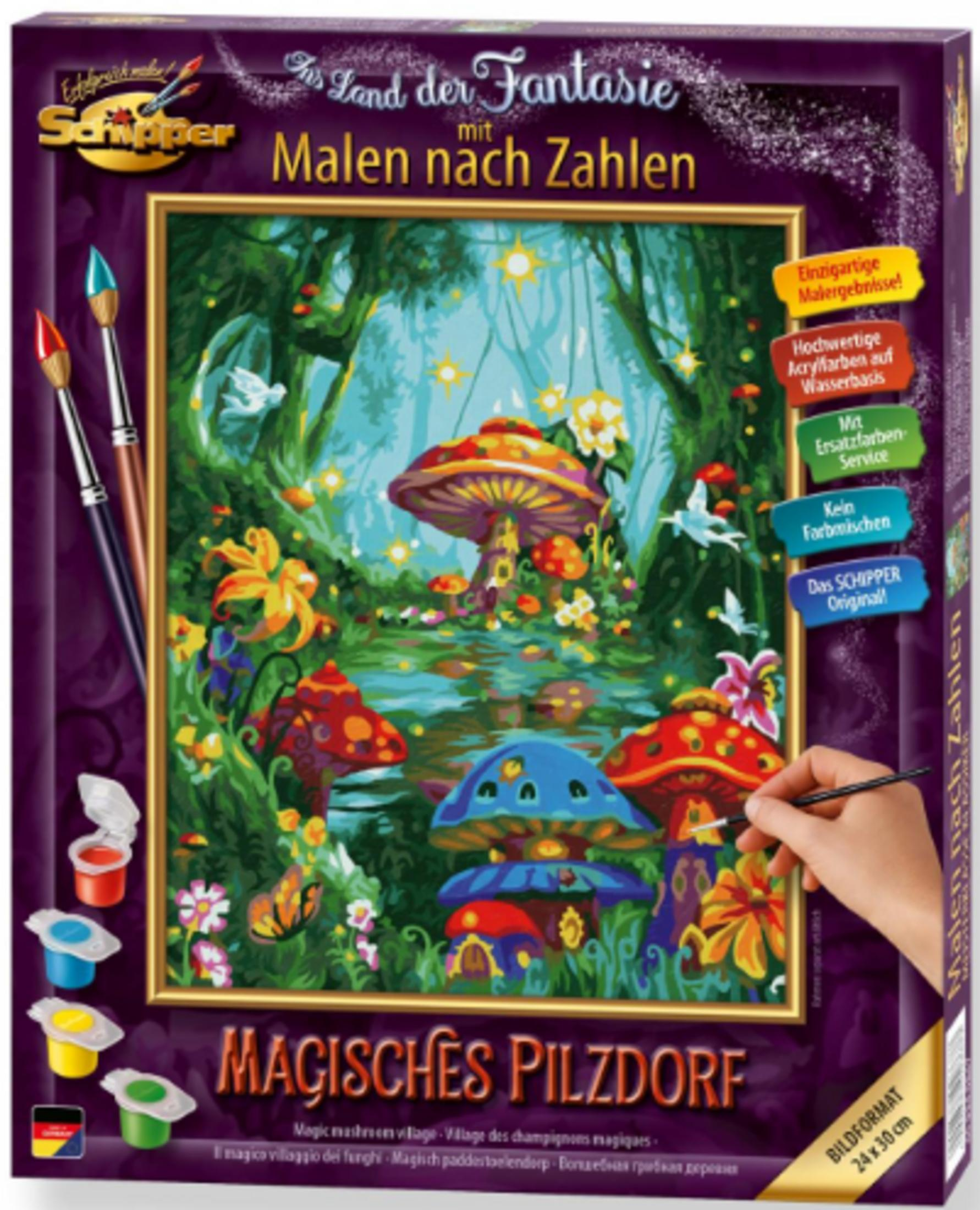 Schachtel mit einem Malen-nach-Zahlen-Set mit einem magischen Pilzmotiv.