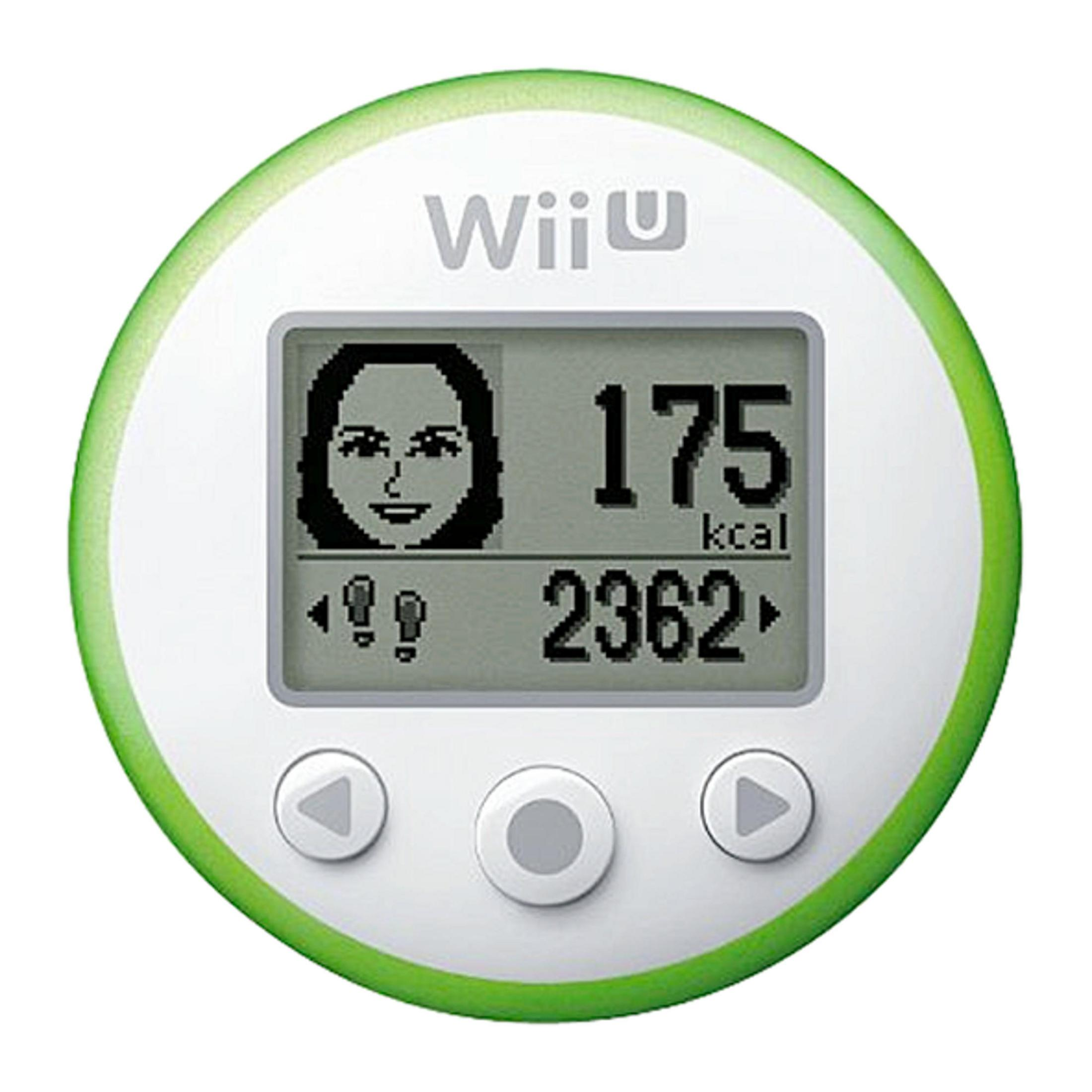 Ein runder, grüner Wii U Fit Meter mit einem digitalen Display, das einen Mii, 175 kcal und 2362 Schritte zeigt.