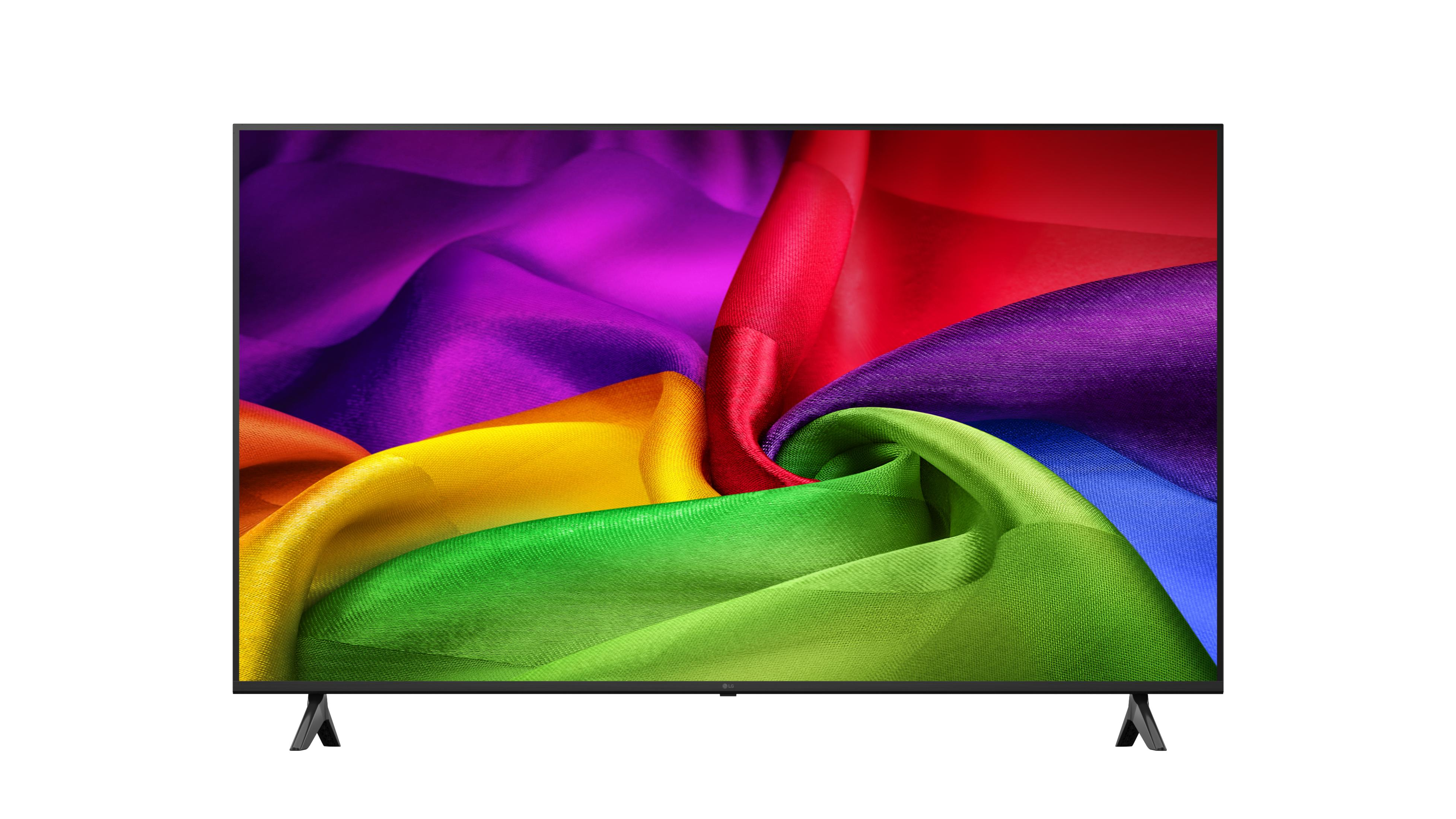 Ein moderner Fernseher zeigt ein buntes, fließendes Stoffmuster in Regenbogenfarben.
