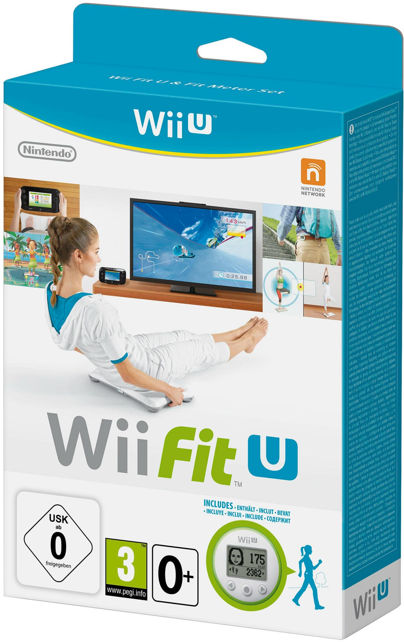 Die Wii Fit U & Fit Meter Set-Verpackung zeigt eine Frau mit Balance Board und Fitness-Tracker.
