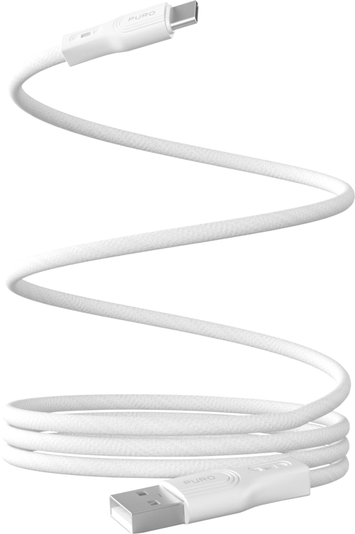 Ein weißes USB-C-Kabel mit einem USB-A-Stecker und einem USB-C-Stecker.
