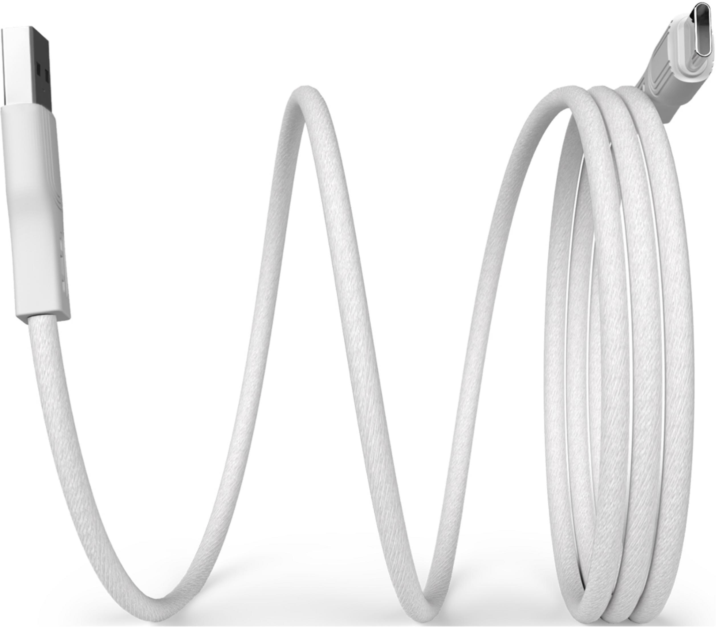 Ein weißes USB-C-Kabel mit einem USB-A-Stecker und einem USB-C-Stecker.