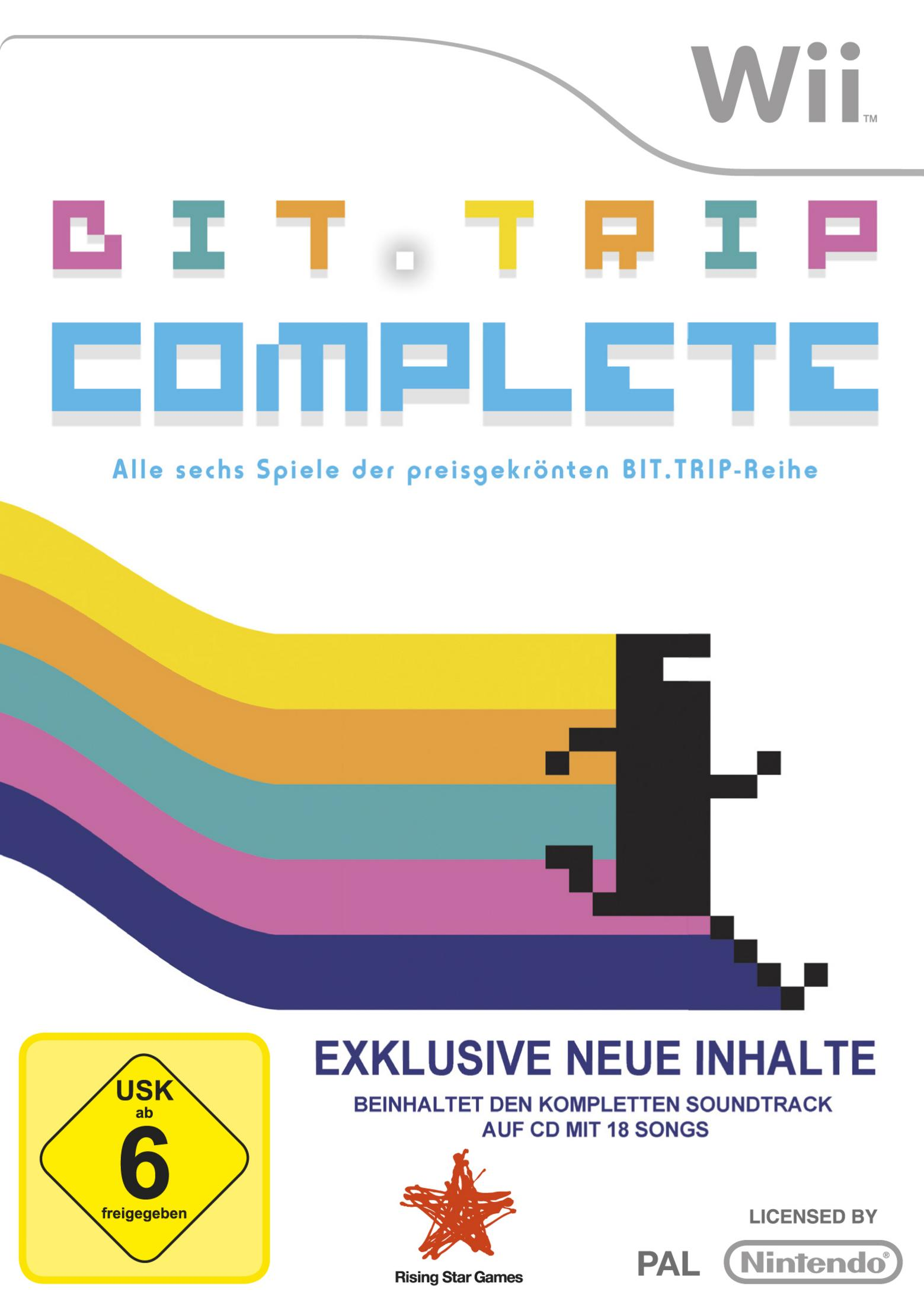 Wii Spielcover: Bit.Trip Complete, mit buntem Streifenmuster und Pixel-Figur.