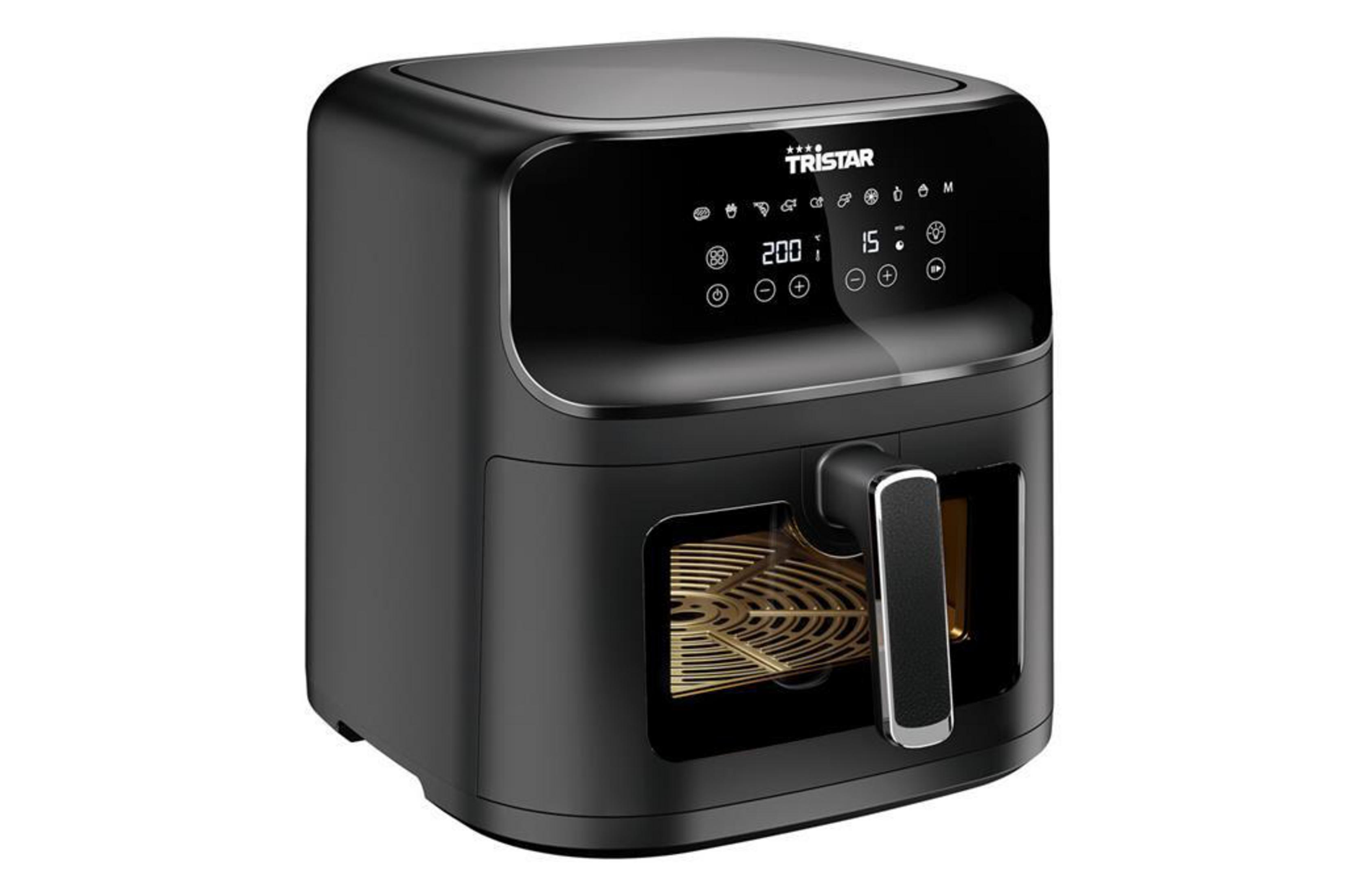 Schwarzer Heißluftfritteuse mit digitalem Display und silbernem Griff.