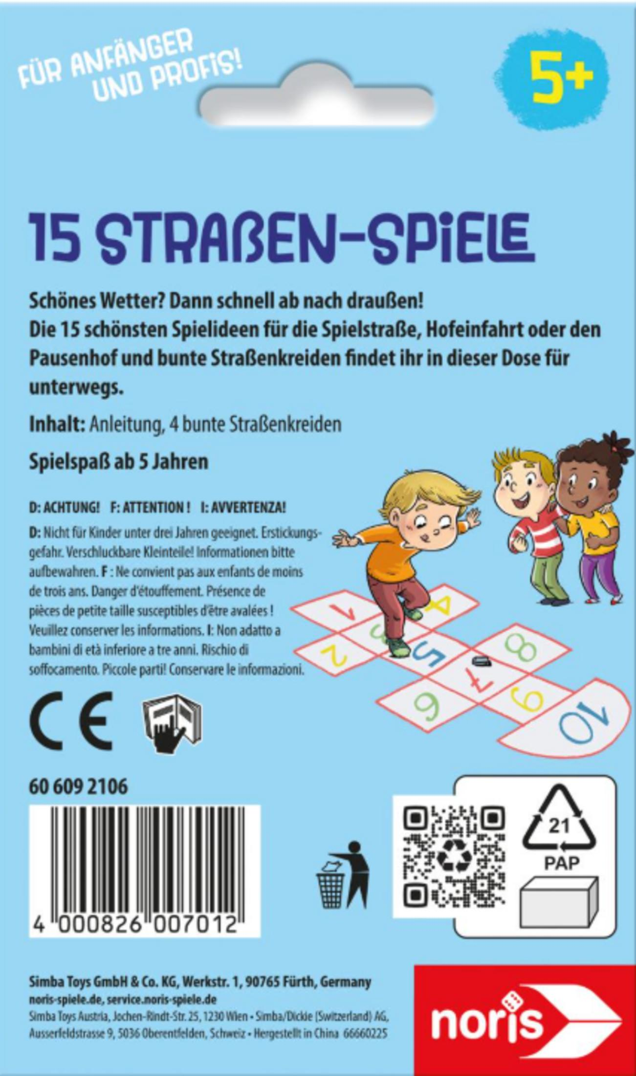 Verpackung für ein Spielset mit Hüpfkästchen und Kreide. Kinder spielen.