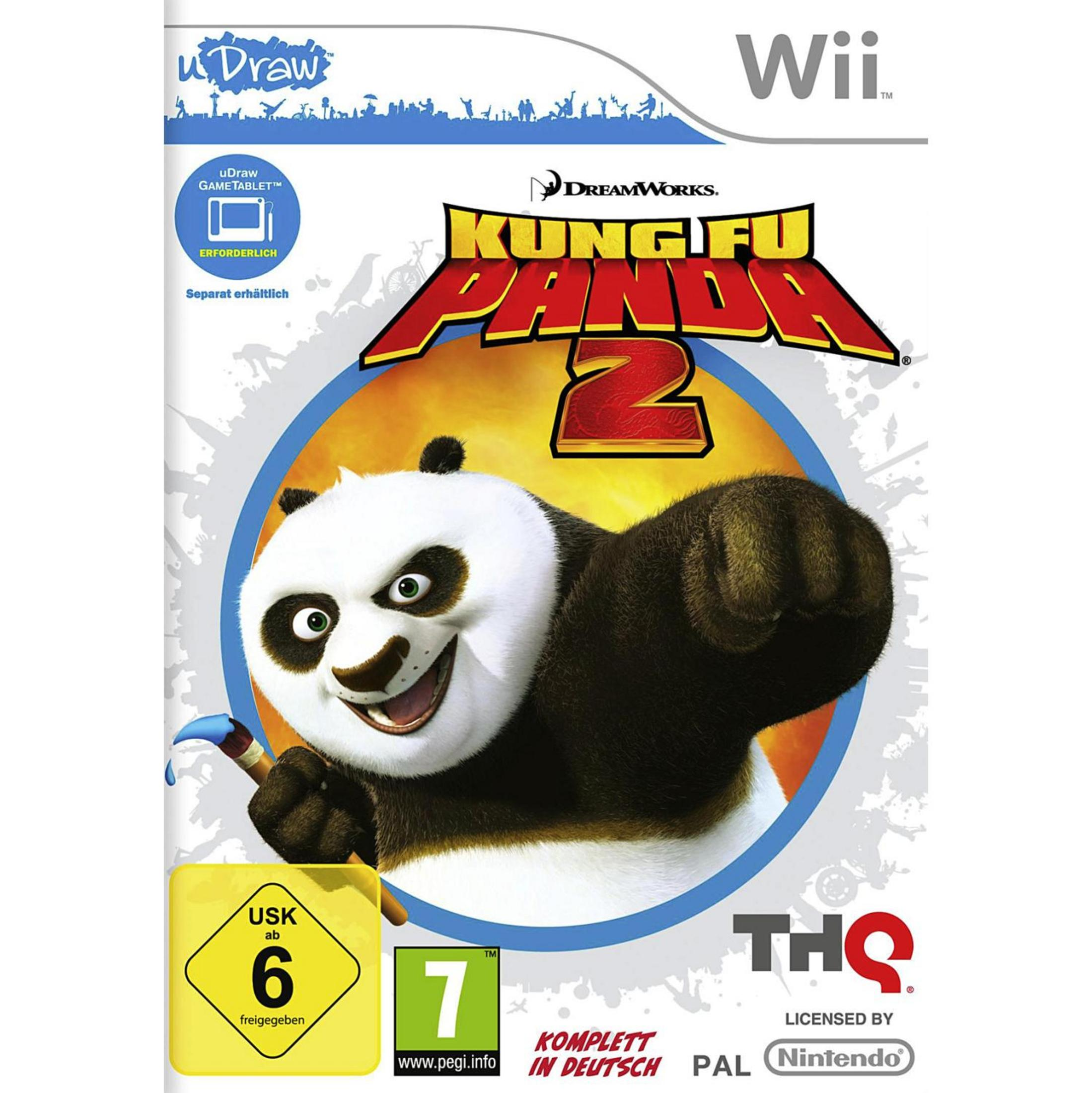 Kung Fu Panda 2 Wii Cover mit Po im Fokus, uDraw Tablet und USK 6 Siegel.