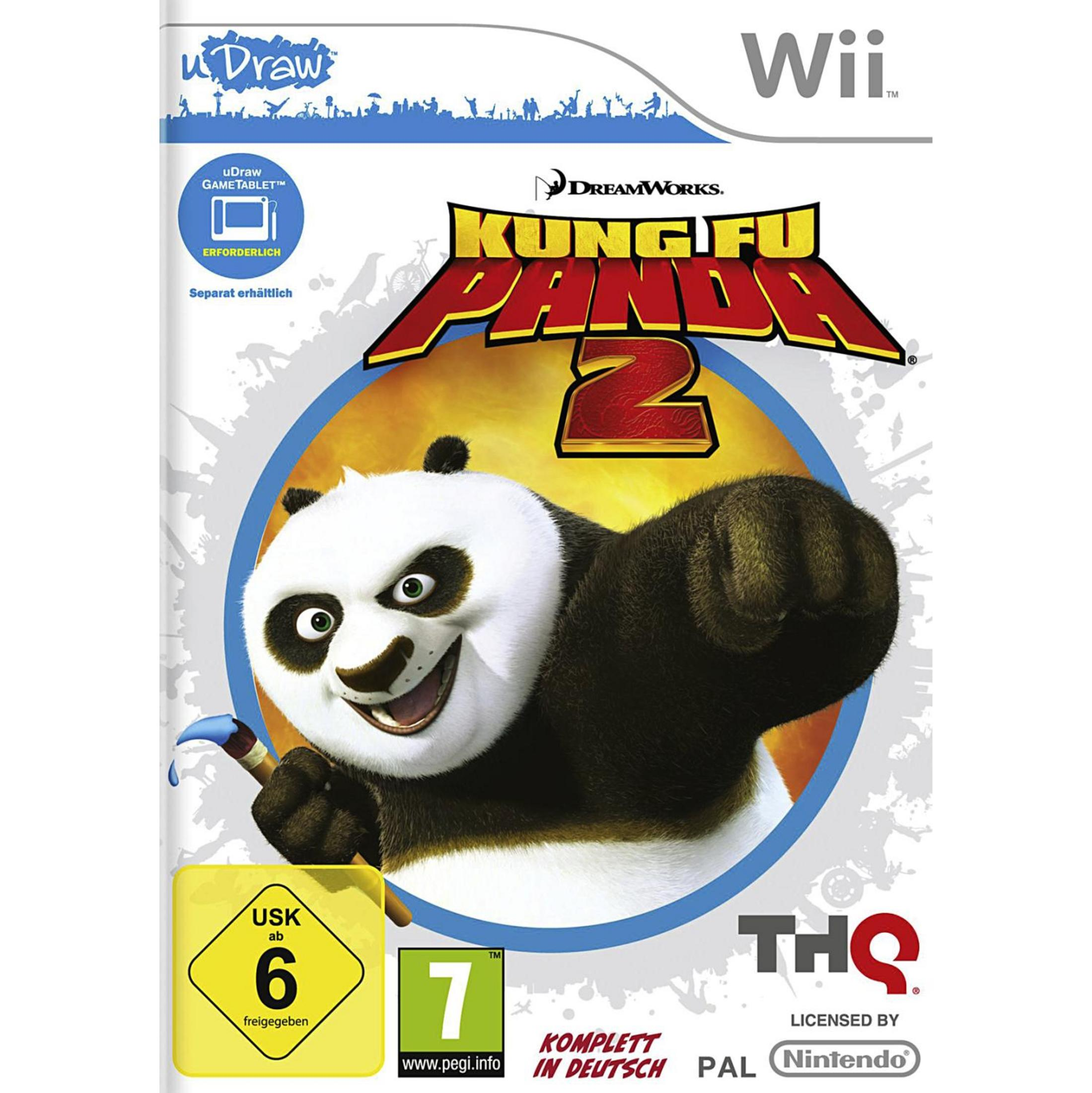 Kung Fu Panda 2 Wii-Spielcover mit Po, uDraw-Logo und Altersfreigabe.
