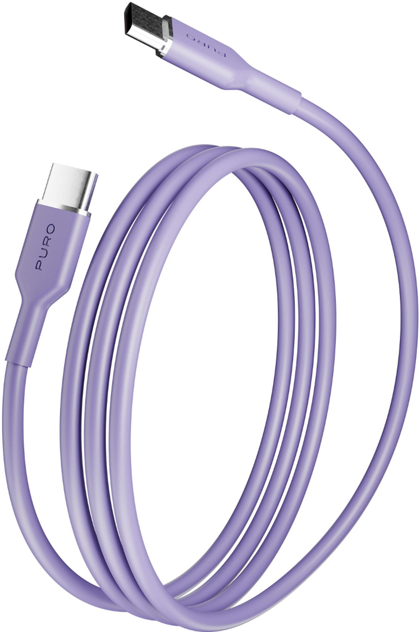 Un cavo USB-C viola con logo Puro, su sfondo bianco.