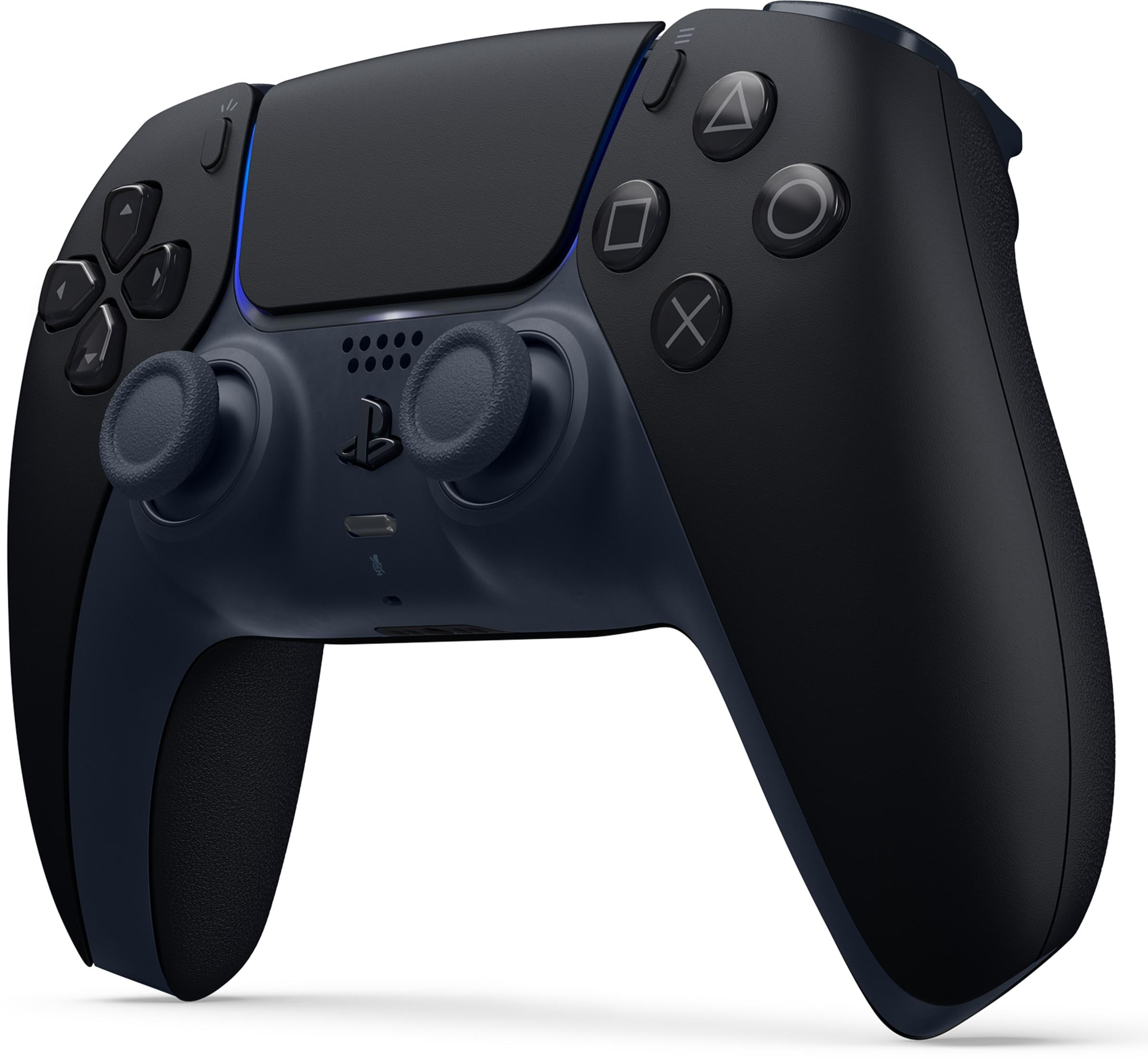 Schwarzer und dunkelblauer Controller mit blauen Akzentlichtern, auf weißem Hintergrund.
