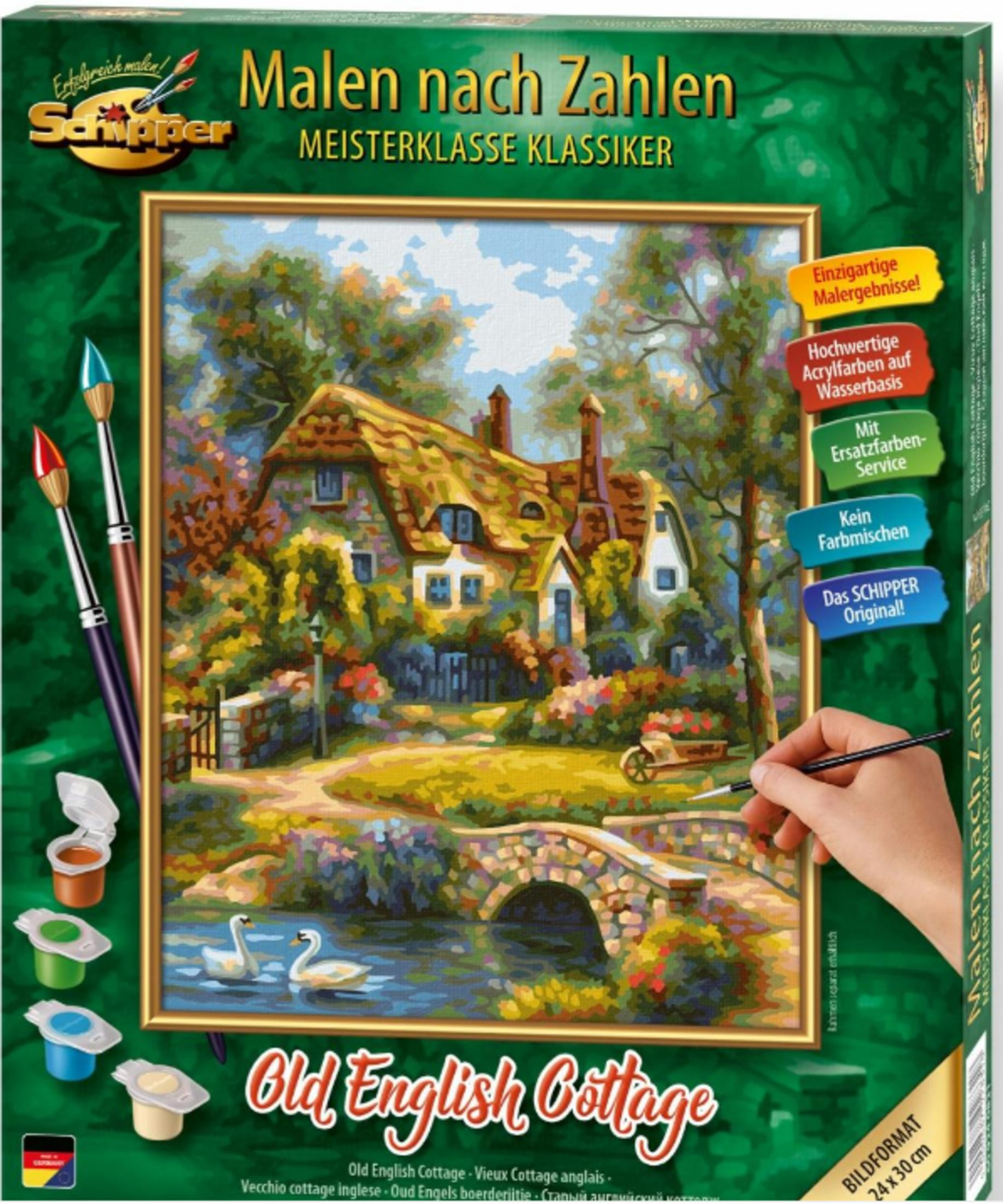 Malen nach Zahlen: Ein englisches Landhaus mit zwei Schwänen auf einem Teich.