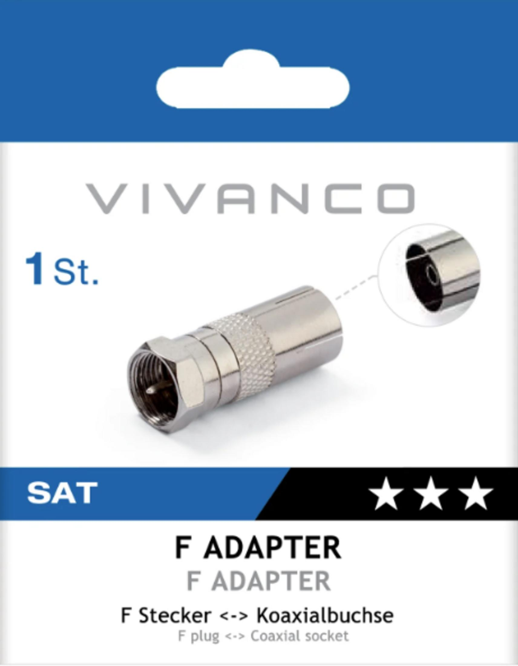 Un adaptador SAT tipo F plateado con rosca y conector coaxial sobre fondo blanco.