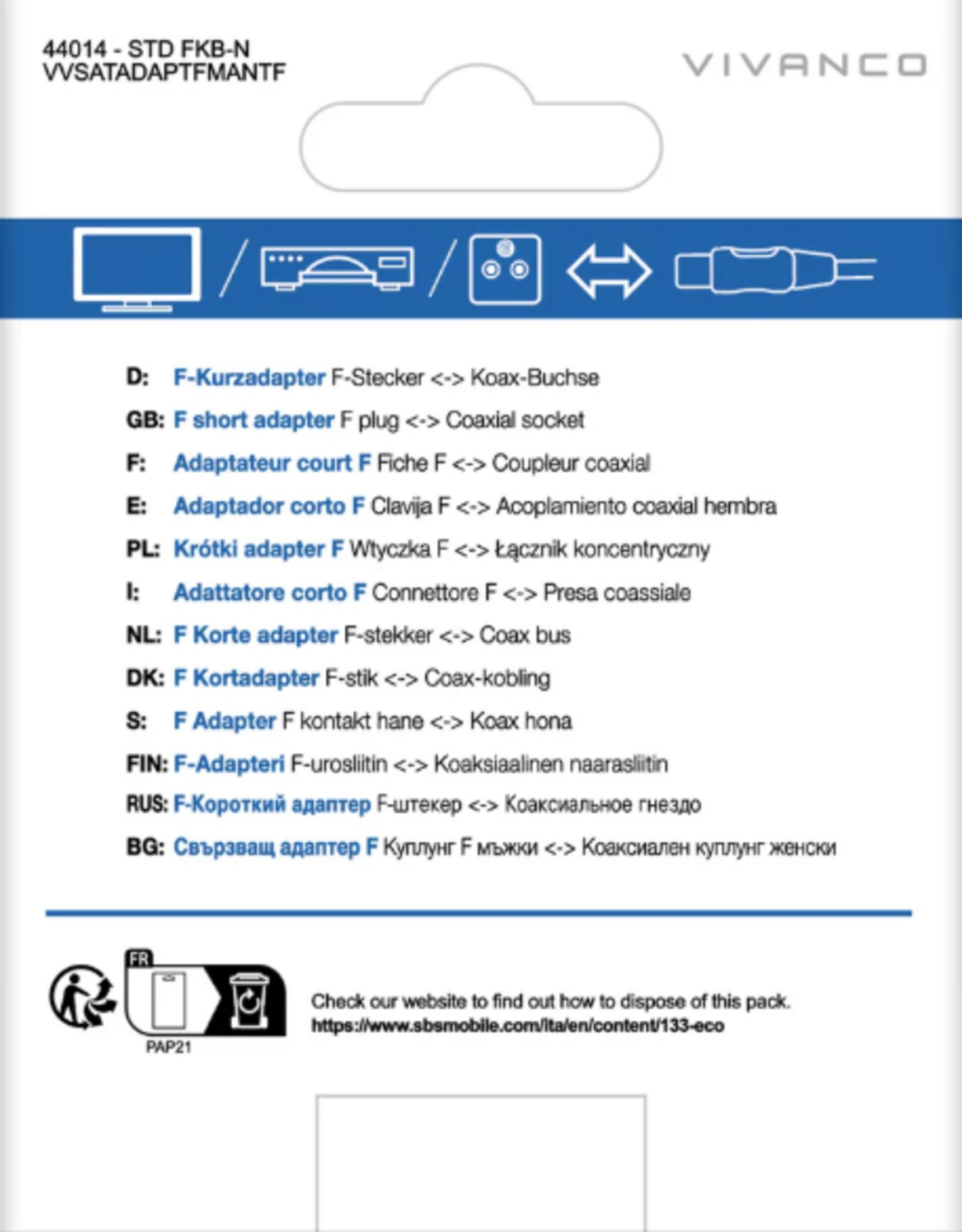 Adaptador coaxial Vivanco de clavija F a enchufe F con iconos de electrónica, reciclaje y embalaje.