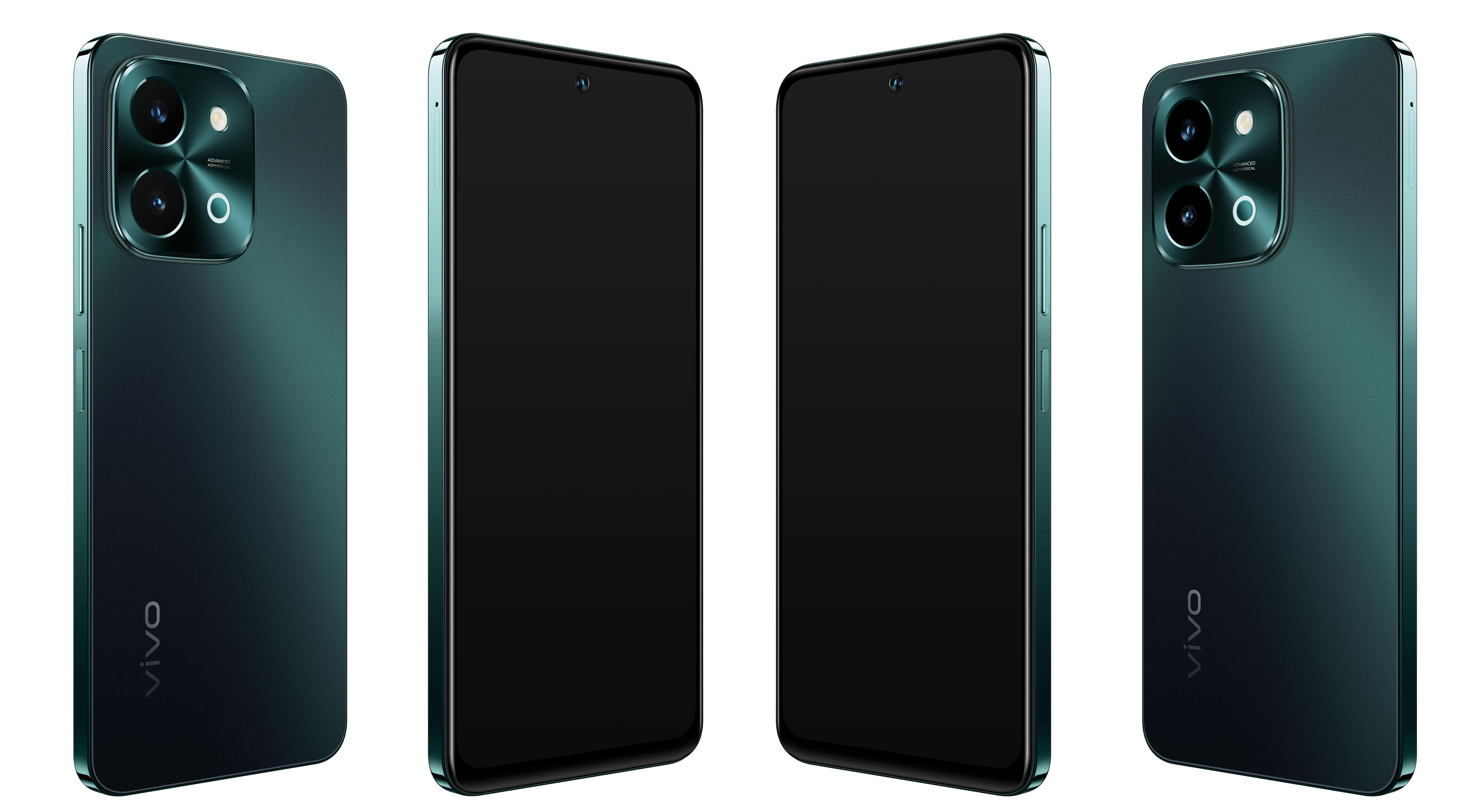 Vier Ansichten eines dunkelgrünen Smartphones mit kreisförmigem Kameramodul und VIVO-Logo.