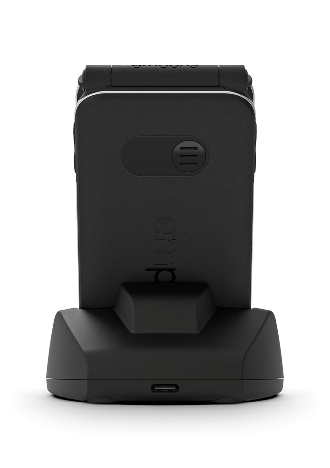 Schwarzes Ladegerät mit Logo und USB-Anschluss auf weißem Hintergrund.