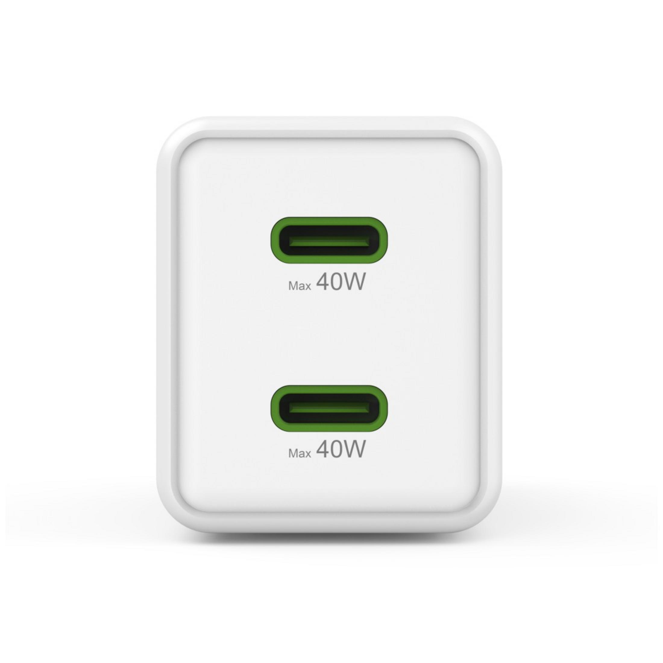 Ein weißer Ladestecker mit zwei grünen USB-C-Anschlüssen, jeweils mit 40W.