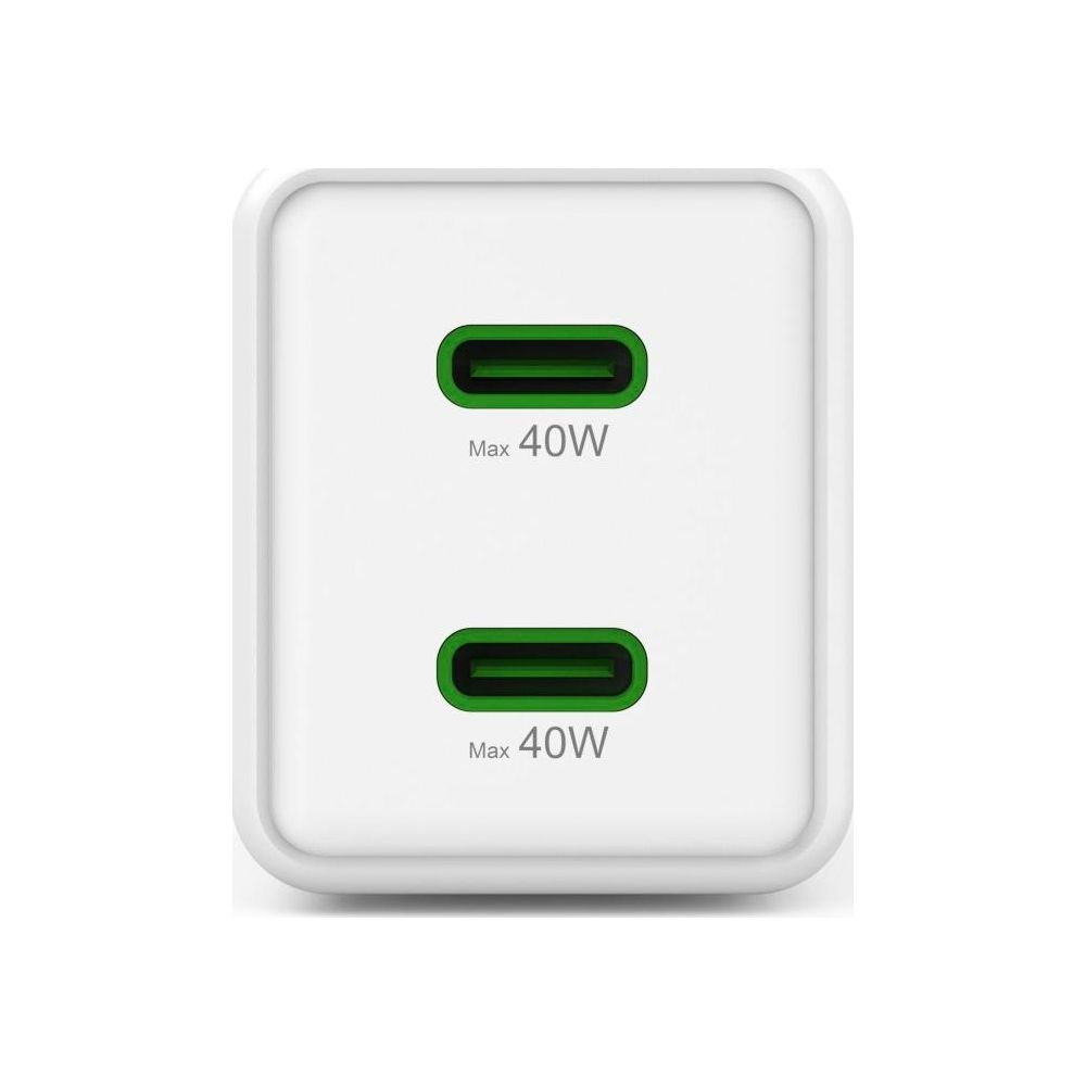 Weißes USB-C-Ladegerät mit zwei Anschlüssen, jeder Anschluss max. 40W.