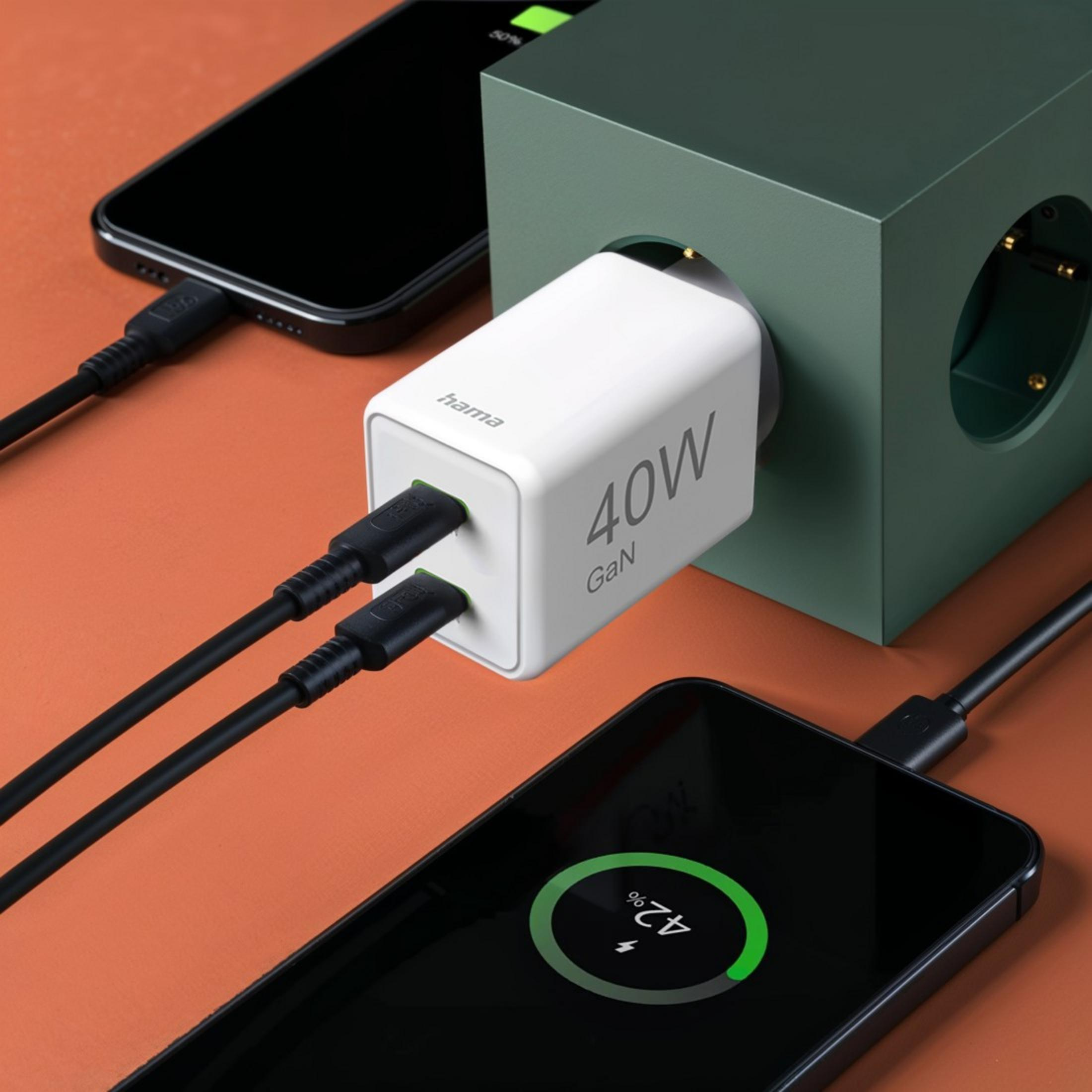 Ein weißer 40W GaN-Ladeadapter mit zwei USB-Anschlüssen, der zwei Smartphones über schwarze Kabel lädt.