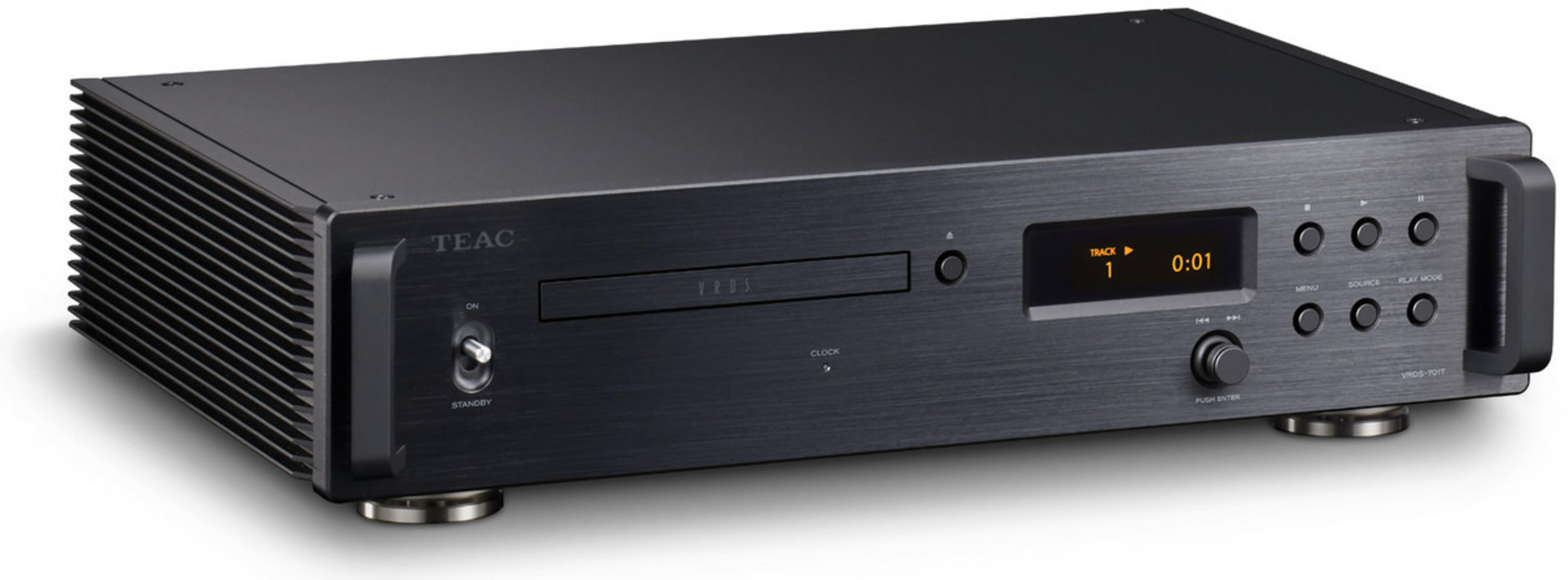 Ein schwarzer TEAC CD-Player mit silbernen Knöpfen und einem Display.