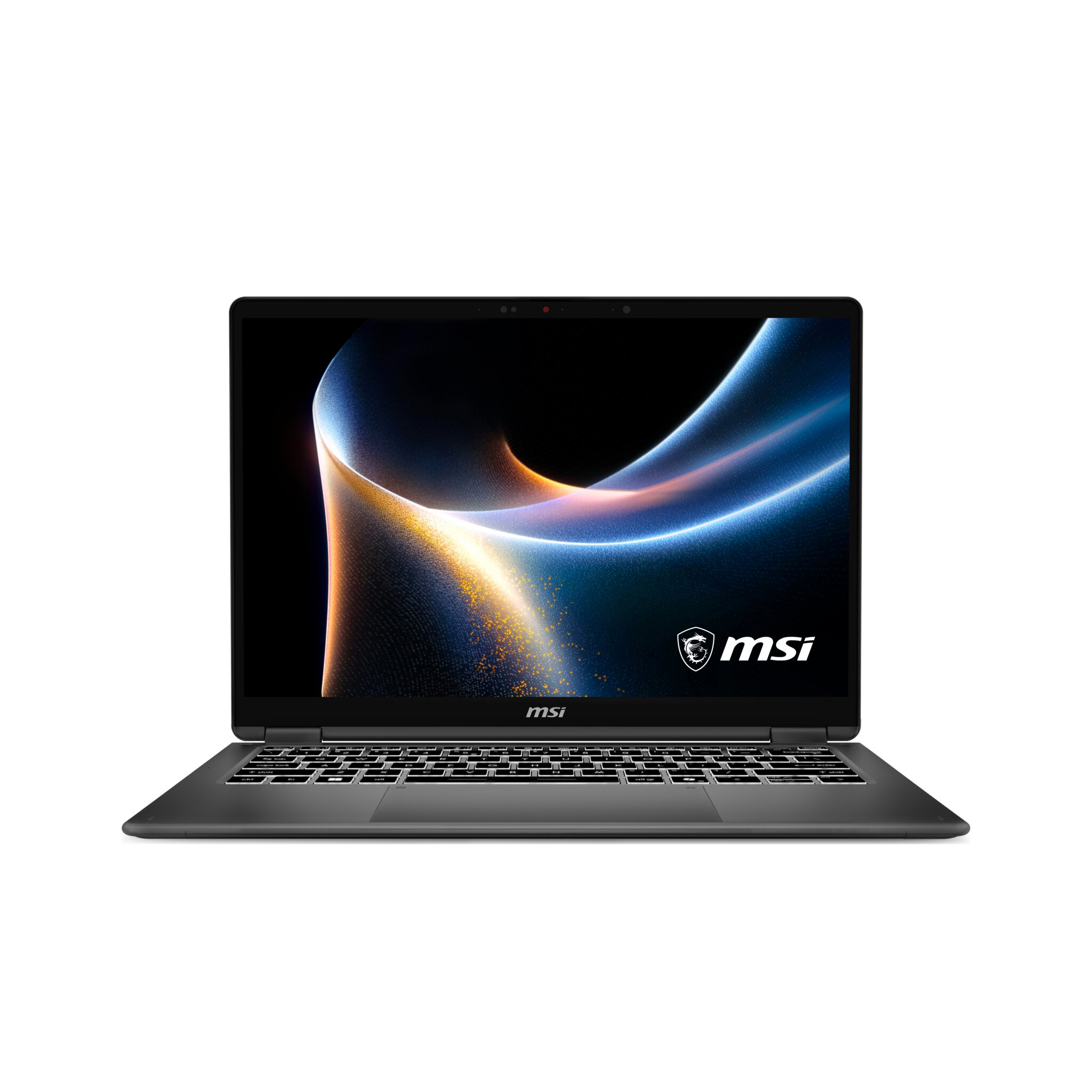 Un laptop grigio chiuso con logo MSI e sfondo astratto sullo schermo.