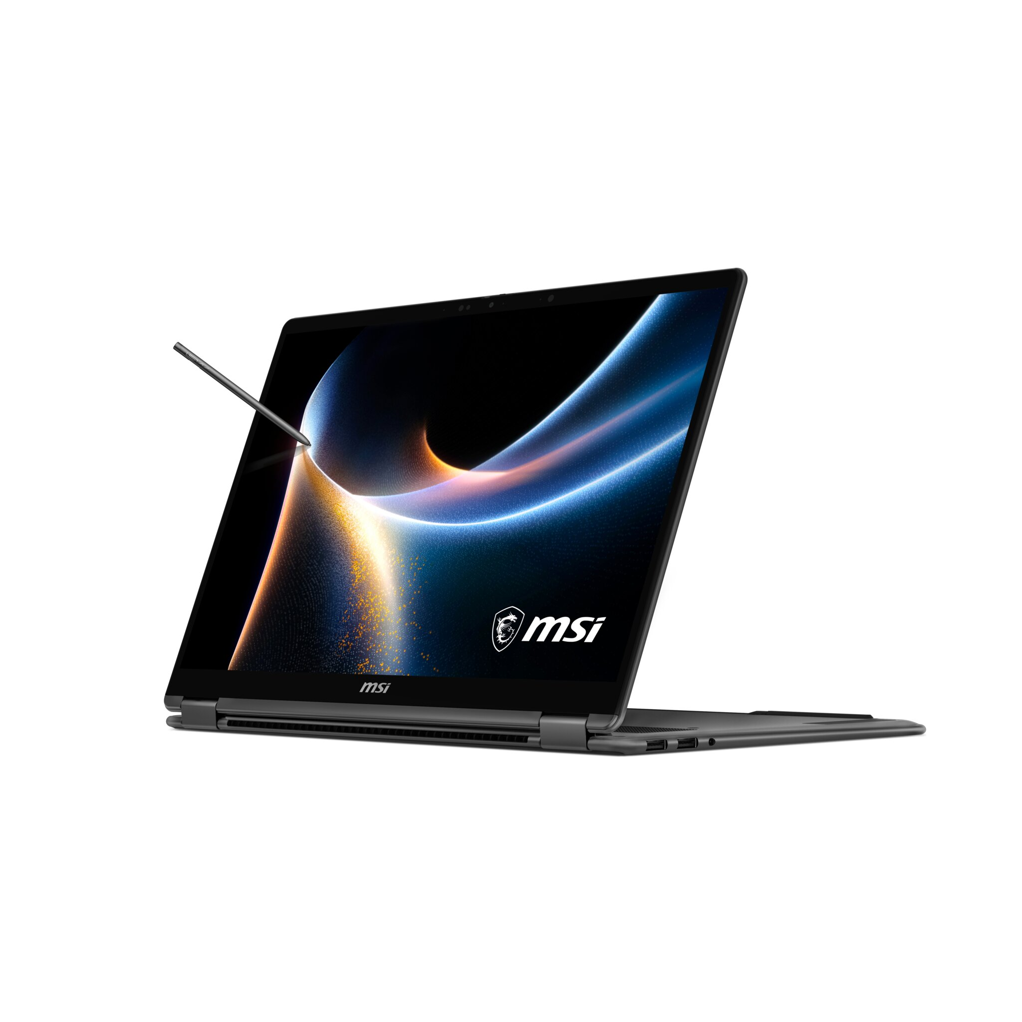 Un laptop MSI grigio con uno stilo che tocca lo schermo. Grafica astratta sullo schermo.