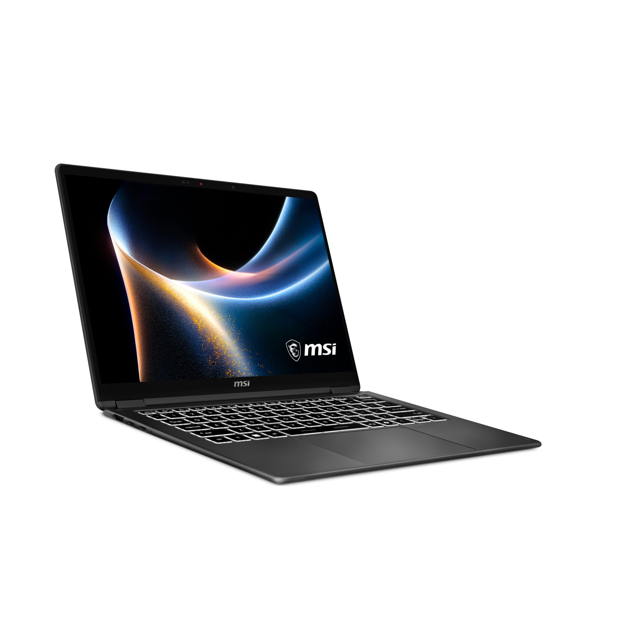 Un laptop MSI nero con tastiera retroilluminata e sfondo astratto sullo schermo.