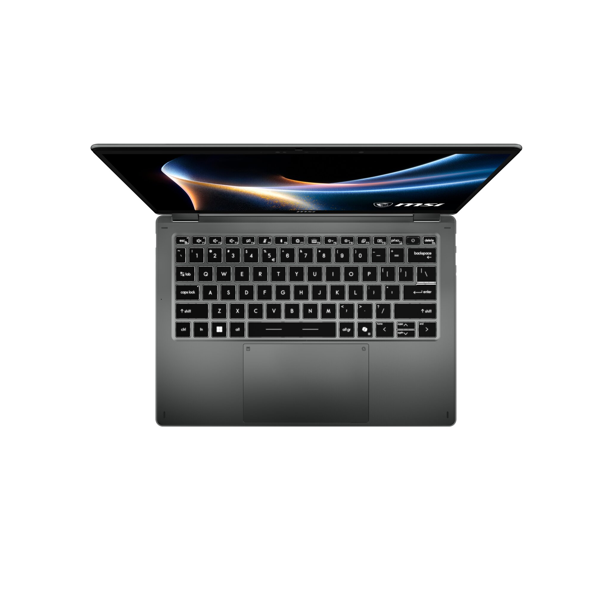 Un laptop MSI grigio aperto con tastiera retroilluminata e sfondo dello schermo.