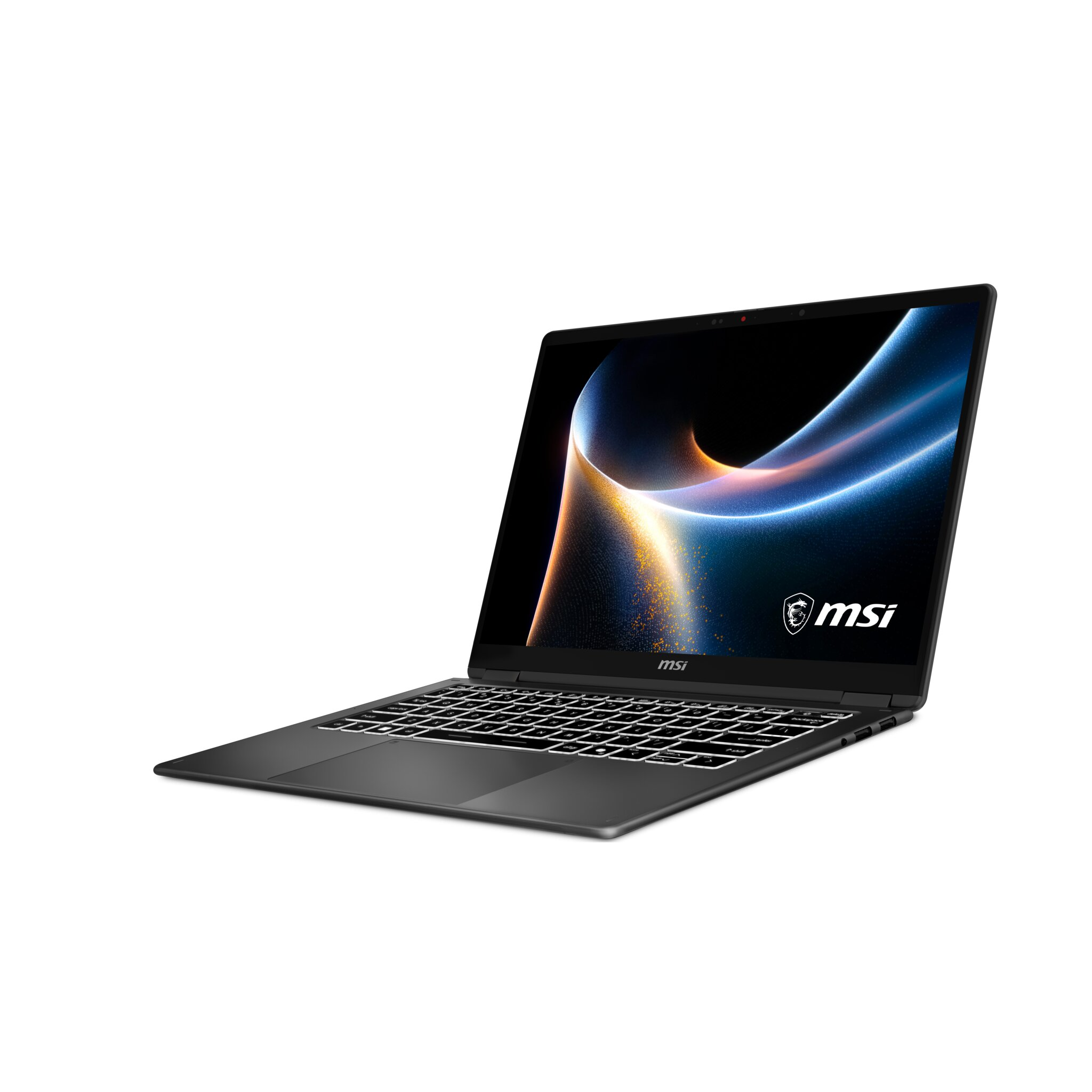 Un laptop MSI aperto e scuro con schermo e tastiera luminosi, su sfondo bianco.