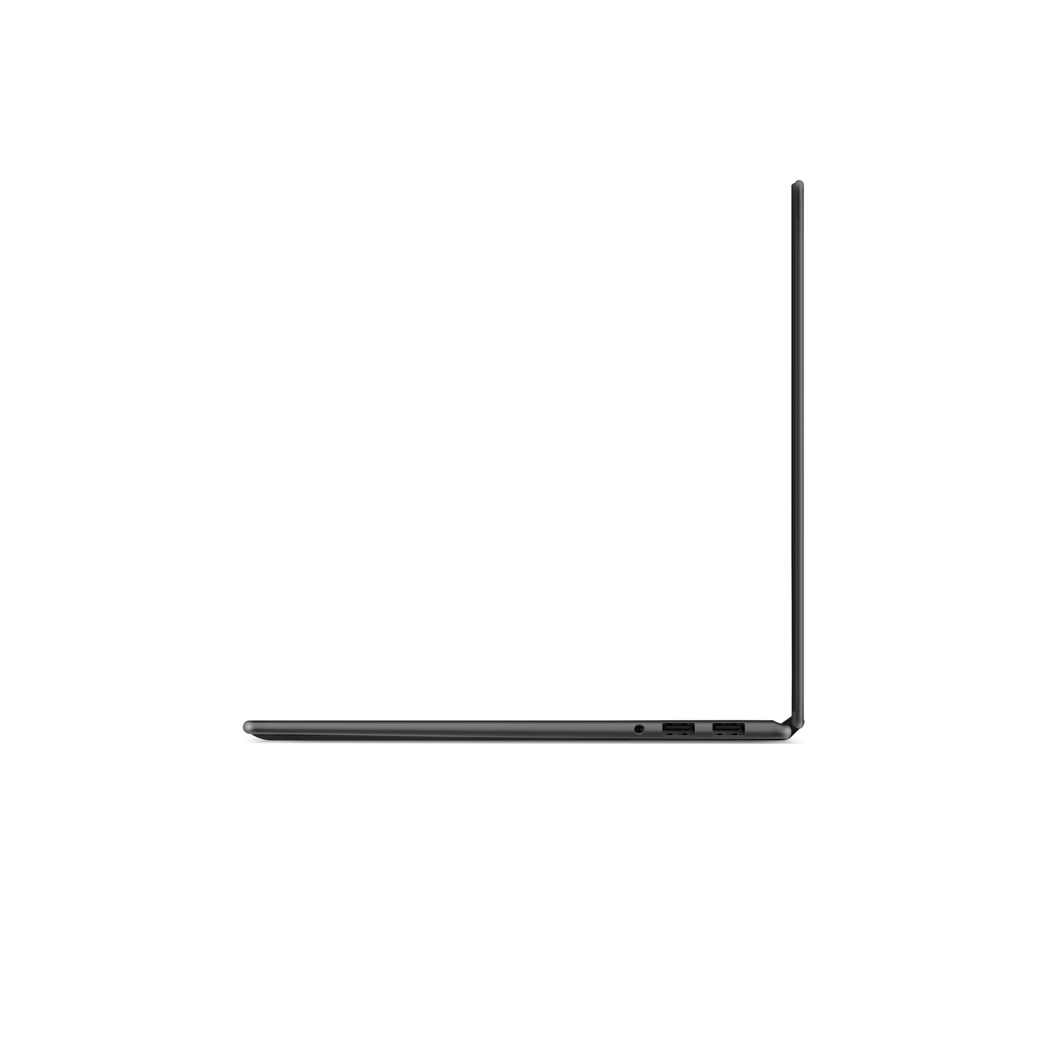 Laptop nero di profilo su sfondo bianco, con porte visibili sul lato.
