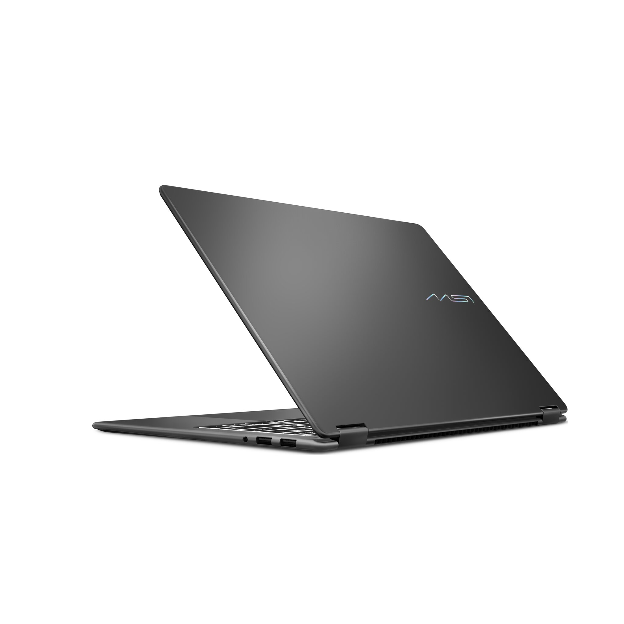 Un laptop chiuso e scuro con il logo MSI sul coperchio, visto di lato.