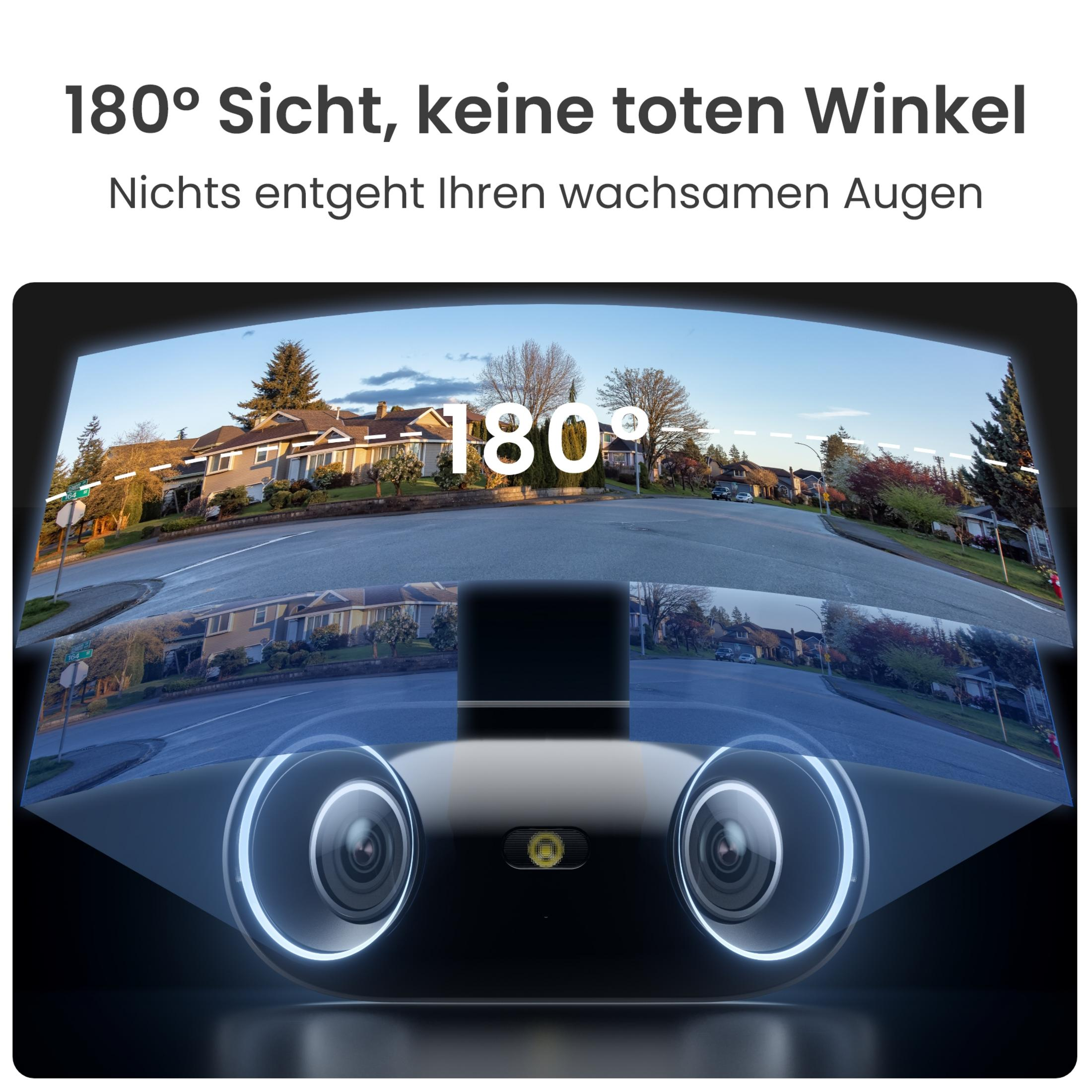 Ein 180-Grad-Blick auf eine Wohnstraße mit Häusern und Bäumen, gezeigt von einer Kamera.