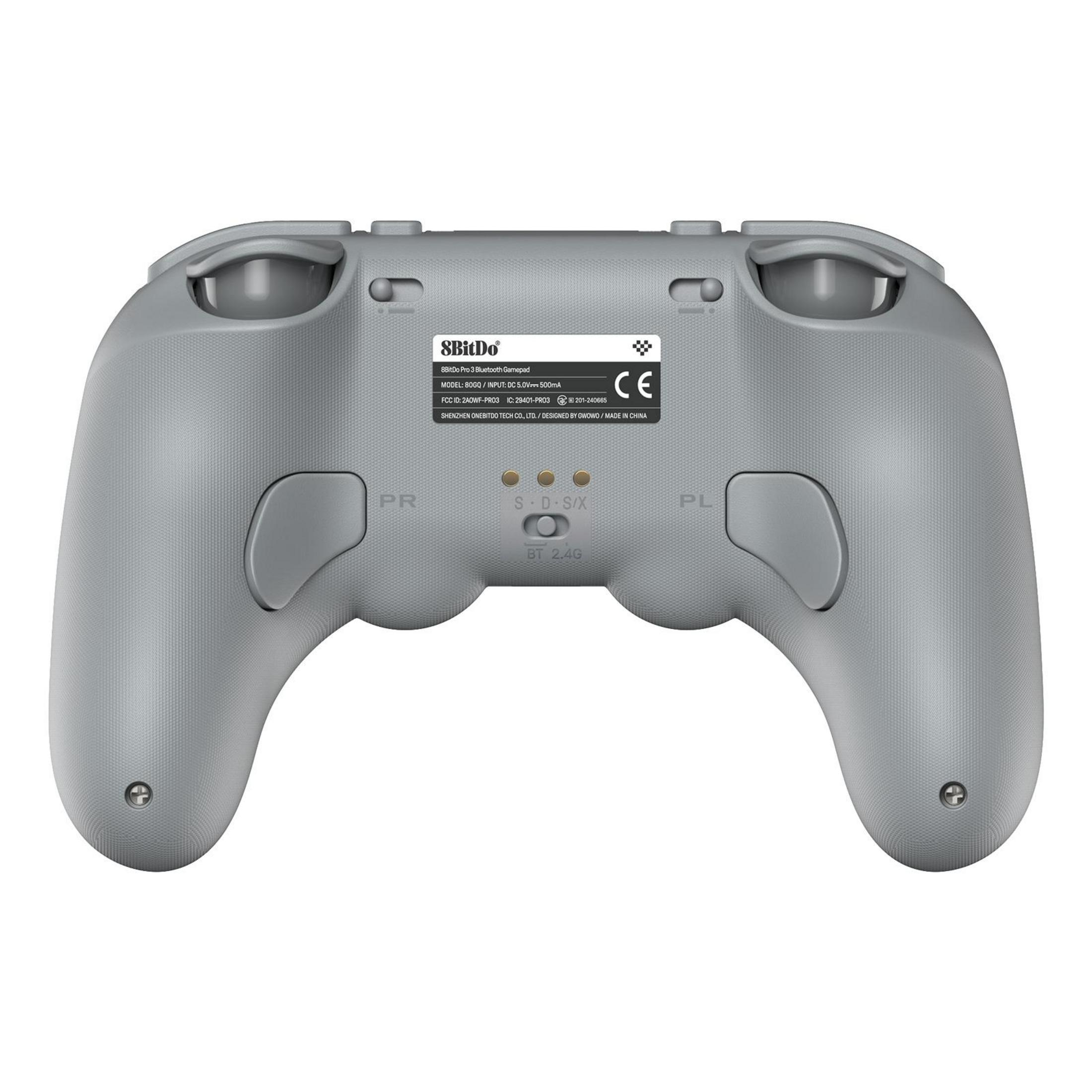 Szary kontroler Bluetooth 8BitDo Pro 3 z naklejką z tyłu.