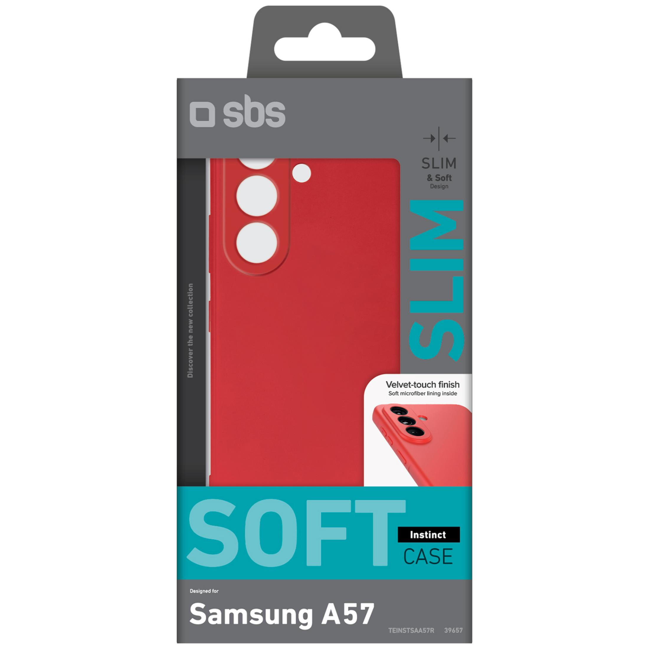 Rote Samsung A57 Hülle mit "SLIM & Soft Design" Aufdruck.