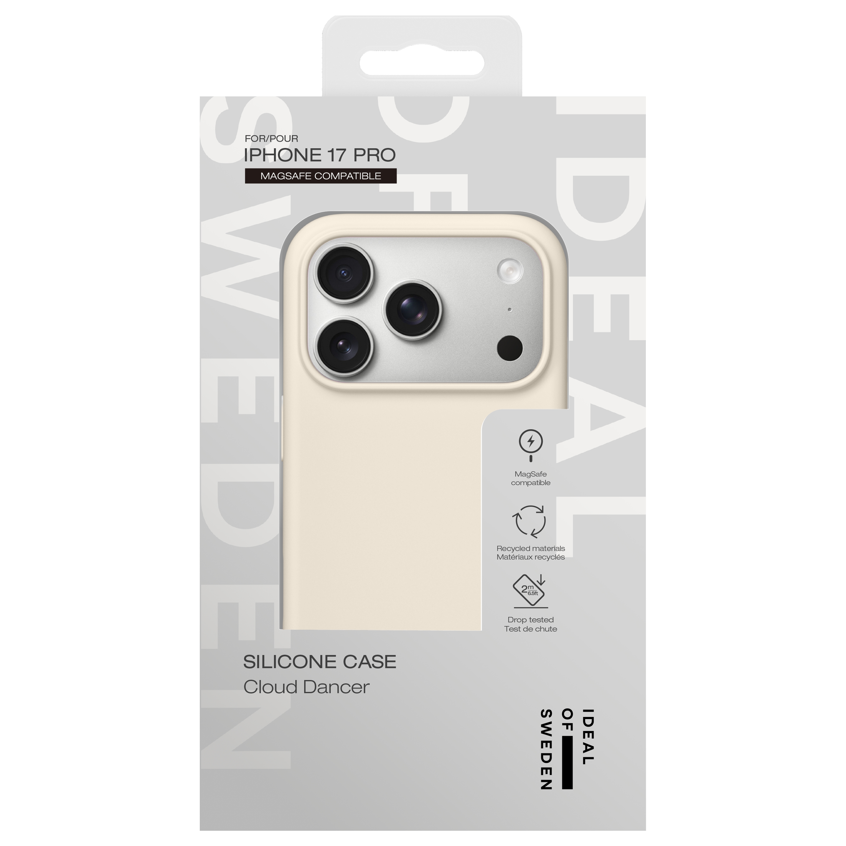 Eine beige iPhone 14 Pro Hülle mit Kameraausschnitt. Oben IDEAL OF SWEDEN Schriftzug.