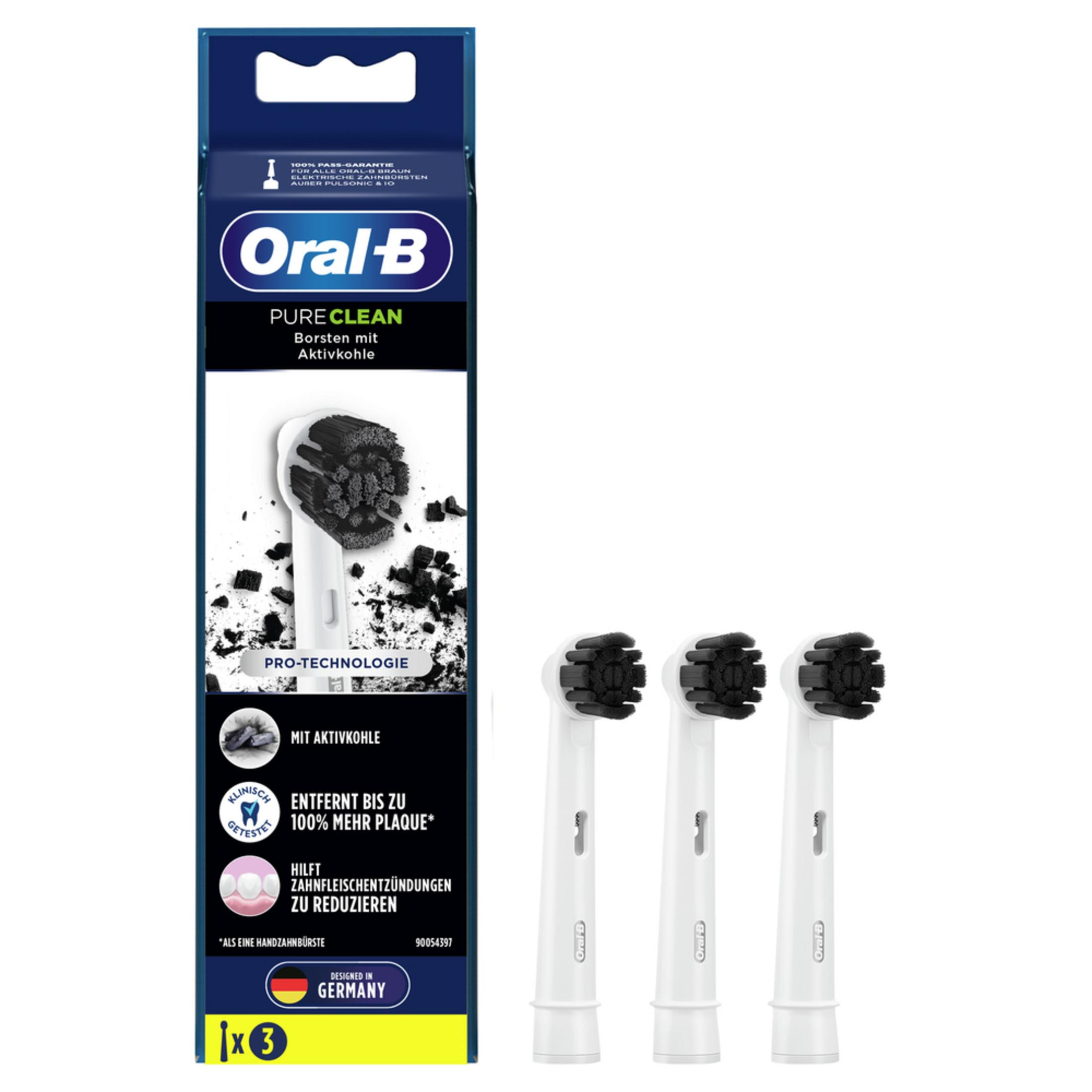 Oral-B Pure Clean Aufsteckbürsten mit Aktivkohle, 3 Stück im Paket, für die Zahnpflege.