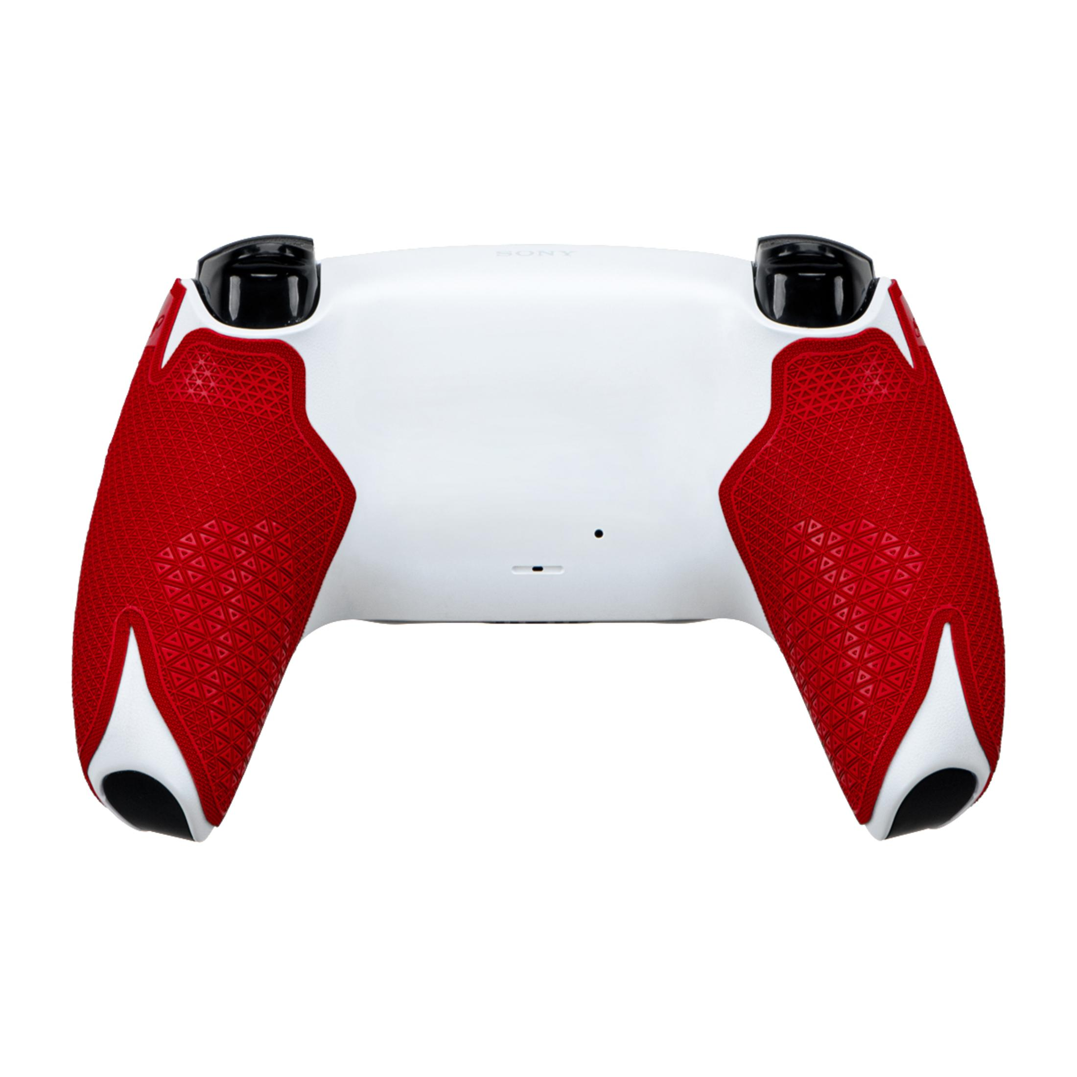 Ein weißer Controller mit roten Griffen, die ein dreieckiges Muster aufweisen.