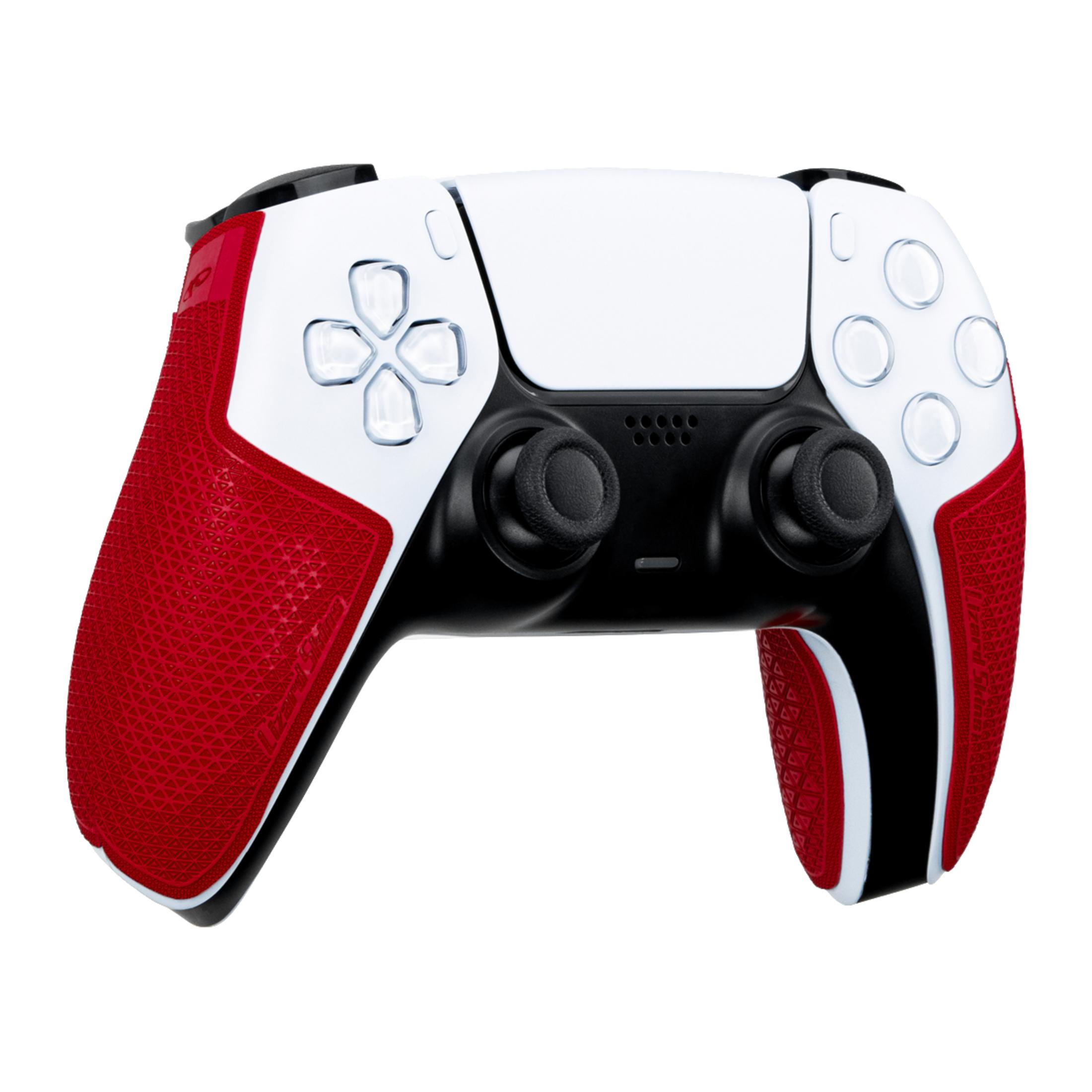 Ein weißer, schwarzer und roter Controller mit texturierten roten Griffen.