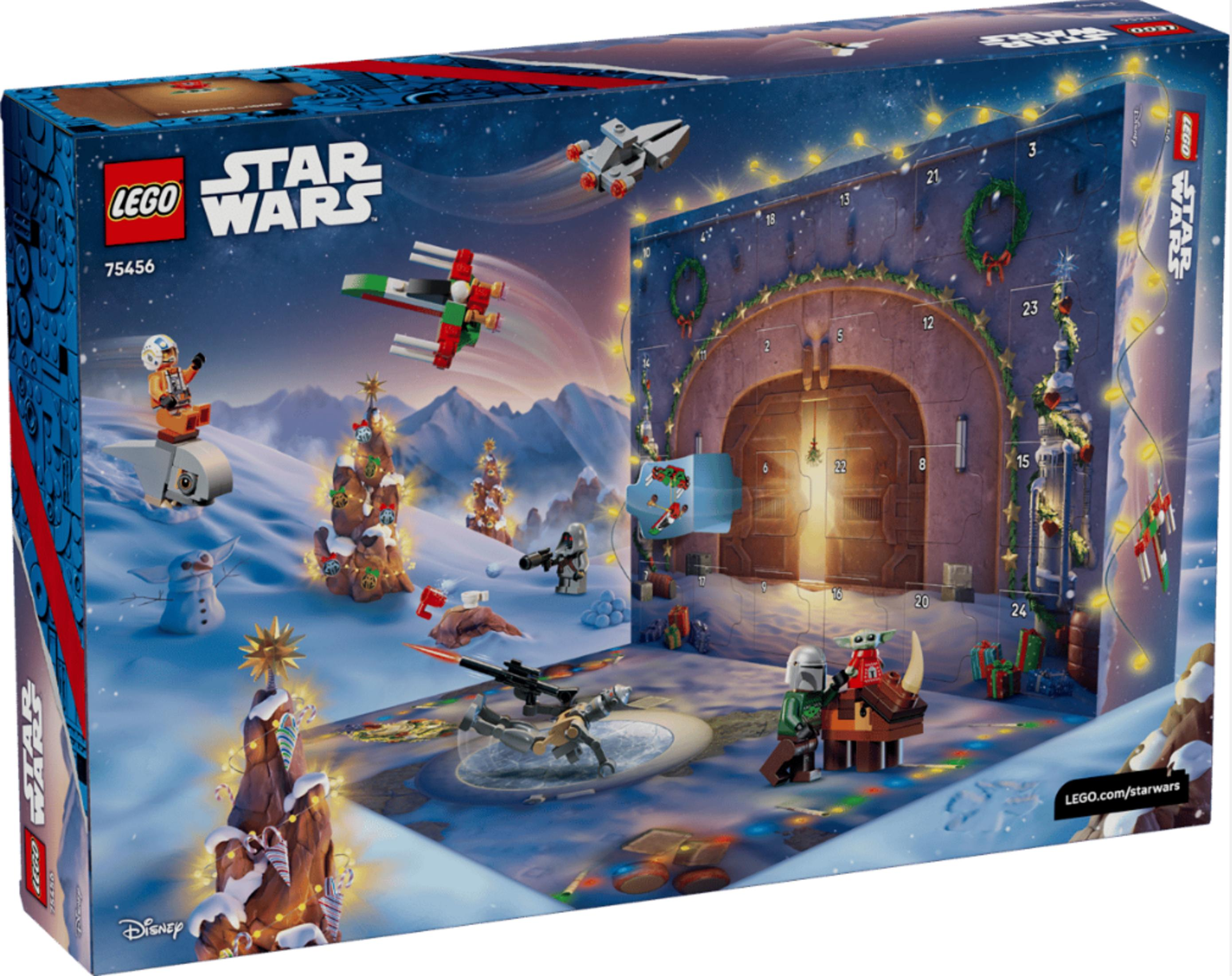 Lego Star Wars Adventskalender mit winterlicher Landschaft, Figuren und Fahrzeugen.