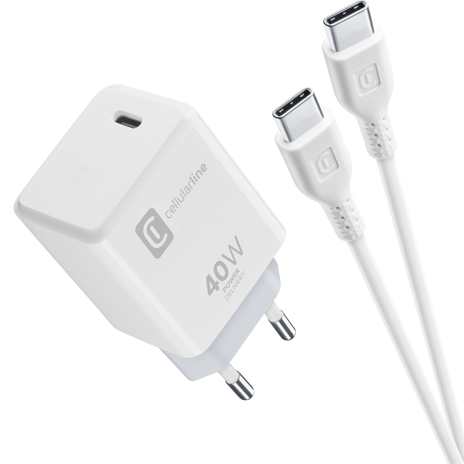 Ein weißes 40W Cellularline Netzteil mit zwei weißen USB-C-Kabeln.