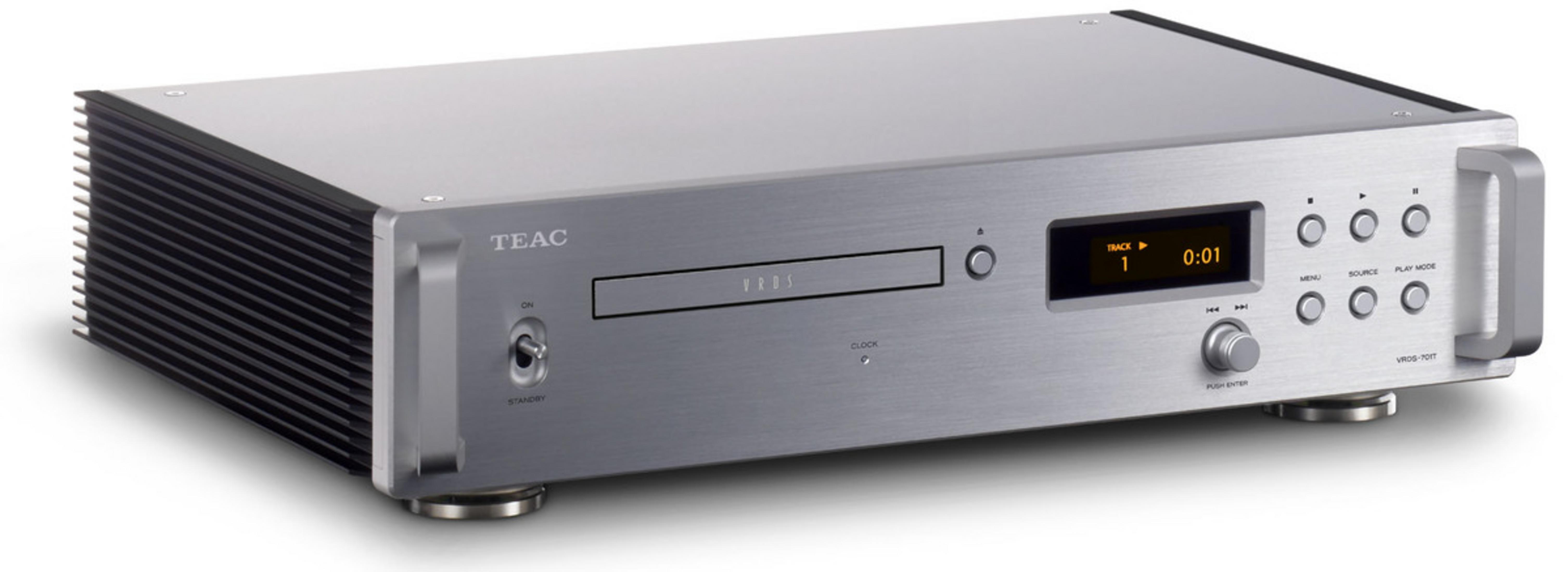 Silberner CD-Player mit schwarzem Lüfter an der Seite und digitaler Anzeige.