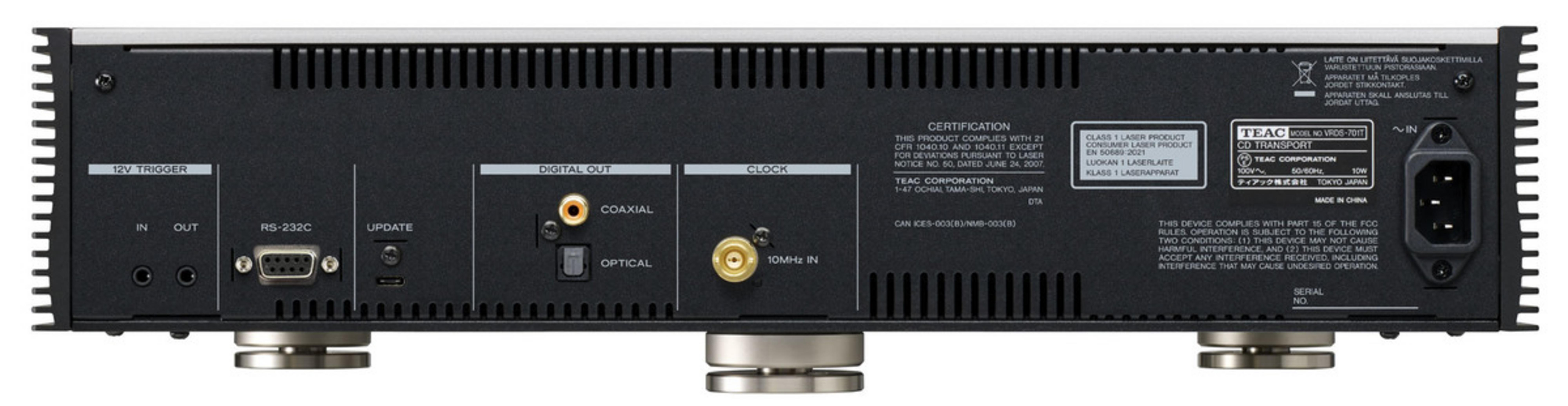 Rückseite eines Audiogeräts mit Anschlüssen wie 12V Trigger, RS-232C, Digital Out, Clock, und Stromanschluss.