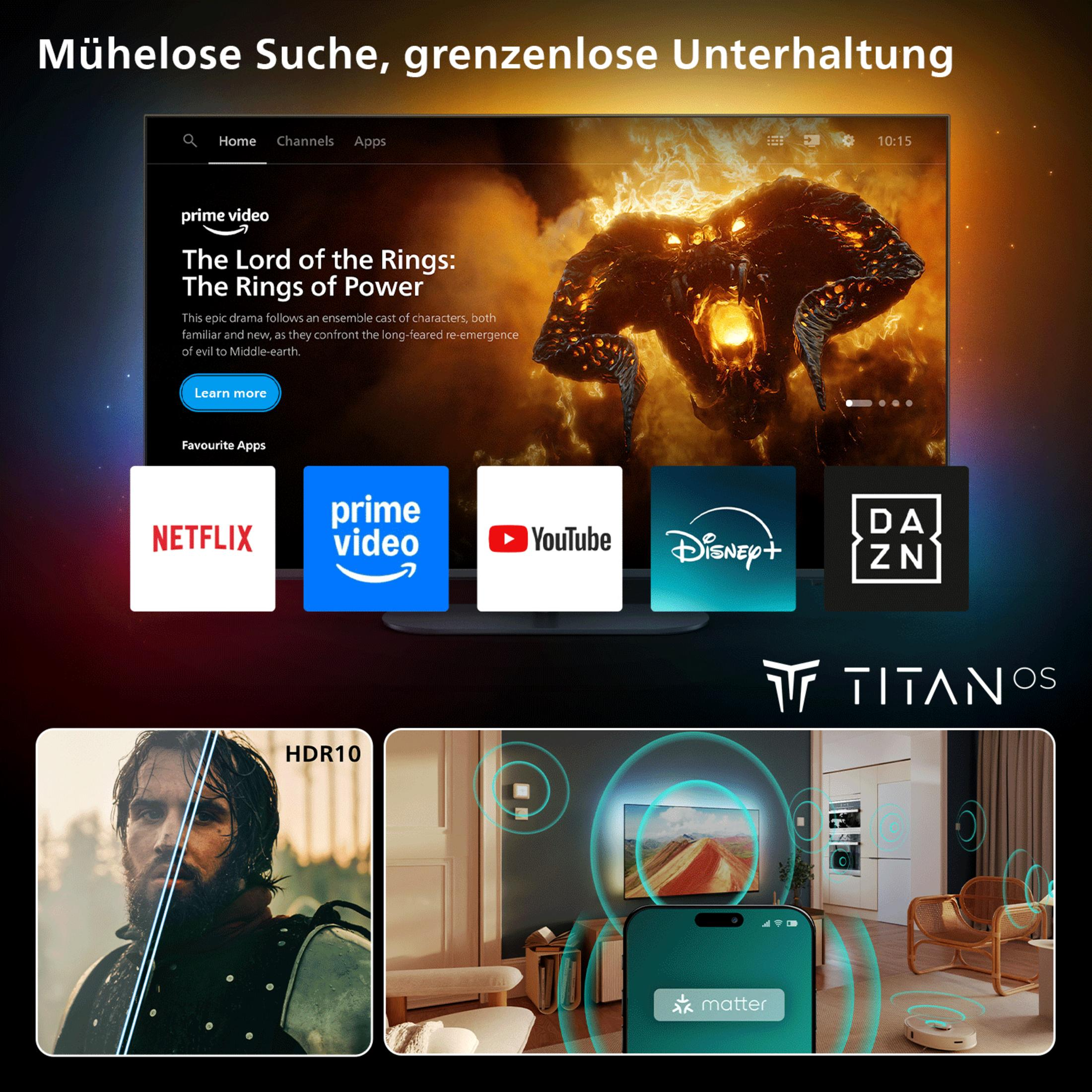 Interface TV connectée : apps Prime Video, Netflix, YouTube, Disney+, DAZN. En bas : homme avec HDR10 et maison connectée.