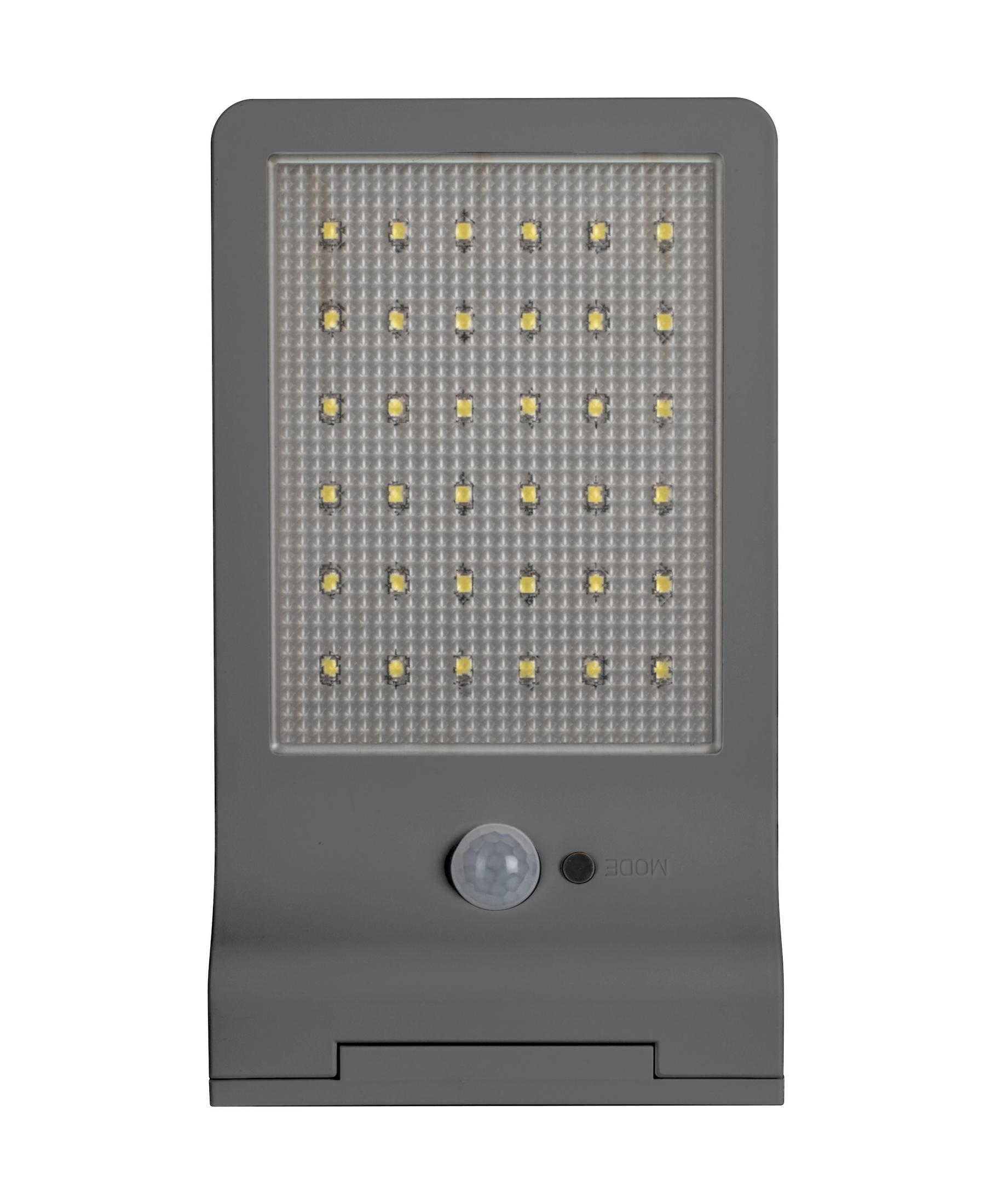 Graue LED-Lampe mit Bewegungsmelder und Modus-Taste, weier Hintergrund.
