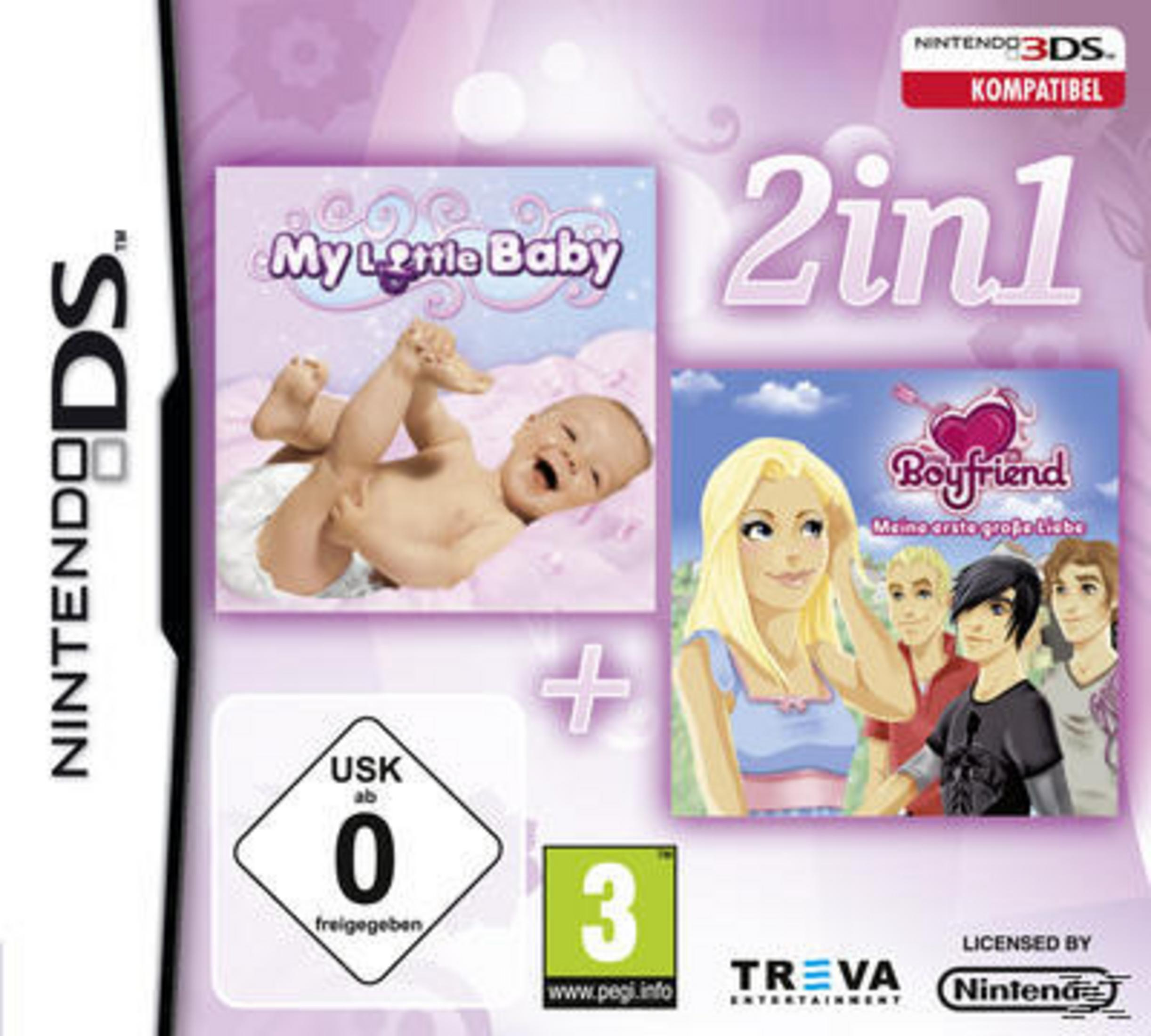 Nintendo DS Spielhülle mit zwei Spielen: My Little Baby und Boyfriend. Mit USK und PEGI Logos.