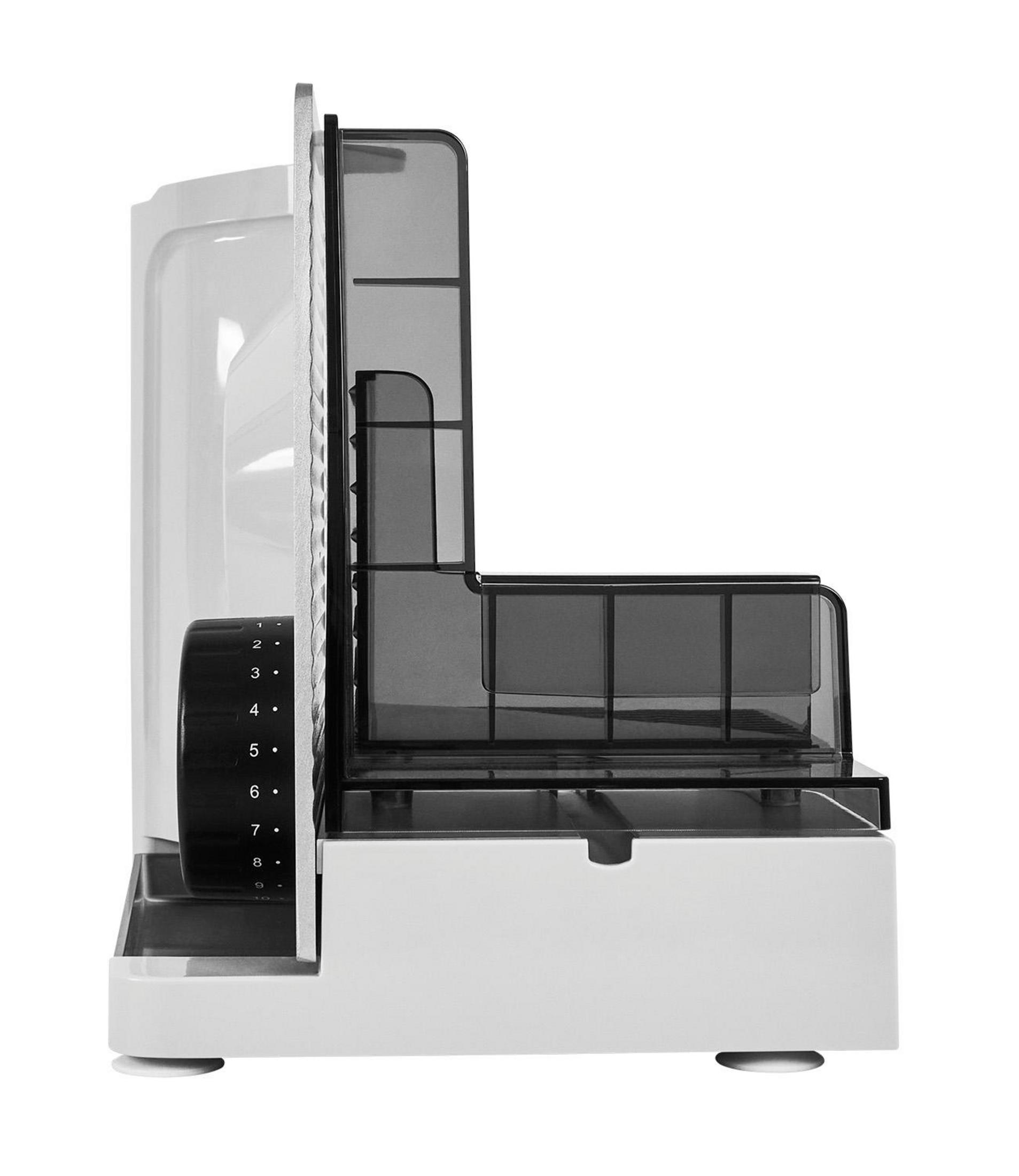 Affettatrice elettrica bianca con quadrante nero e carrello trasparente.