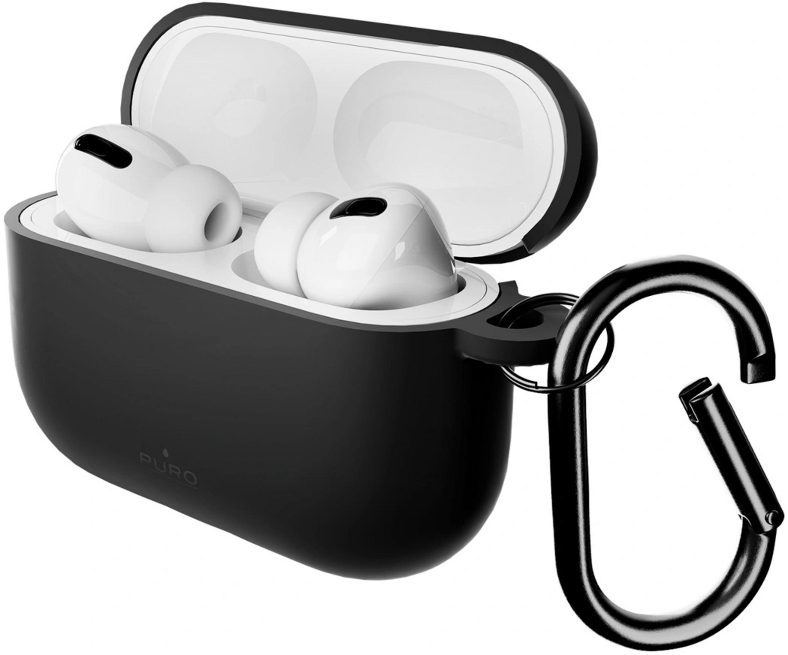 Schwarzes Etui für Kopfhörer mit Haken und weißen Ohrhörern darin.