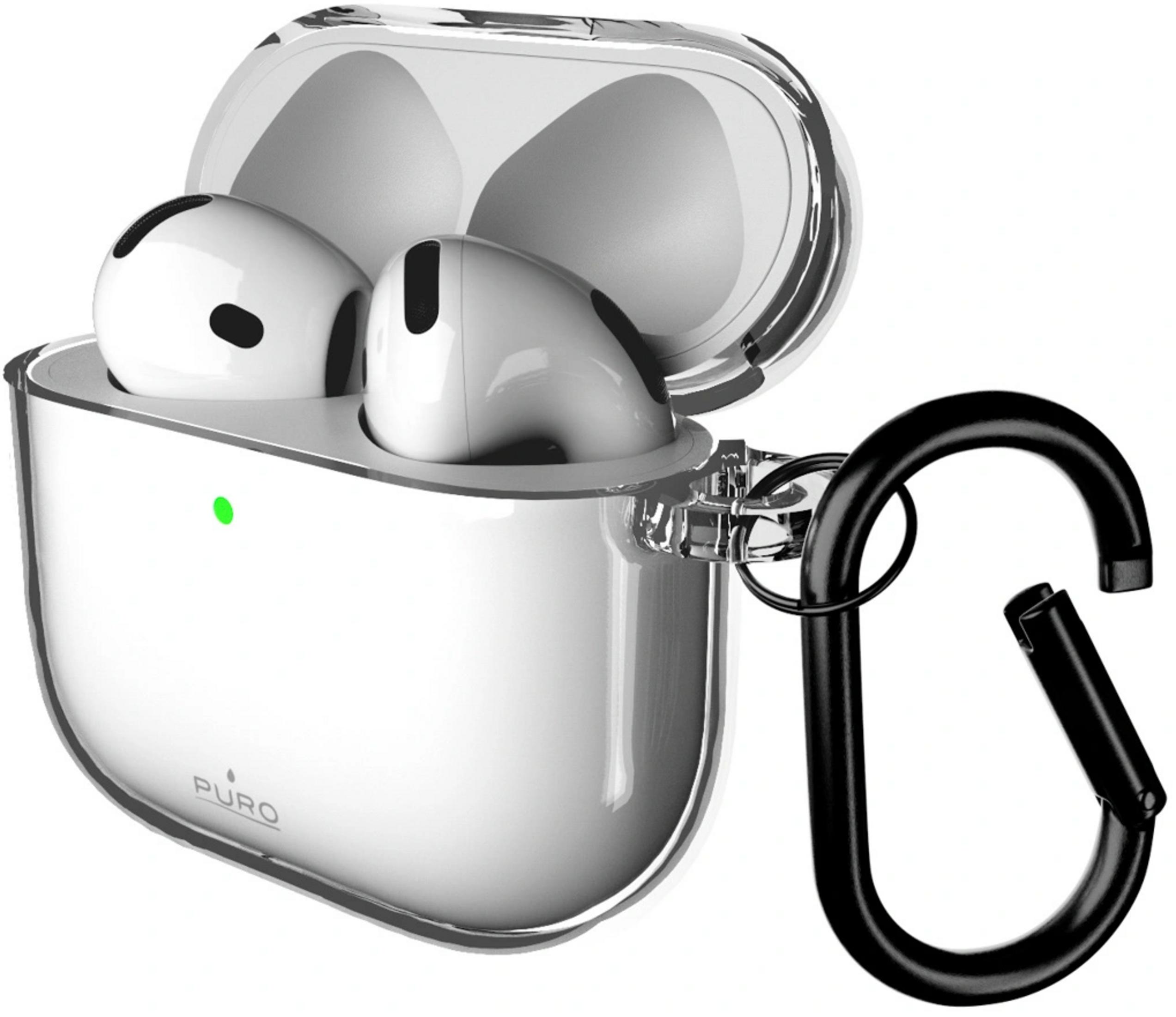 Funda transparente con auriculares blancos y un clip mosquetón negro.
