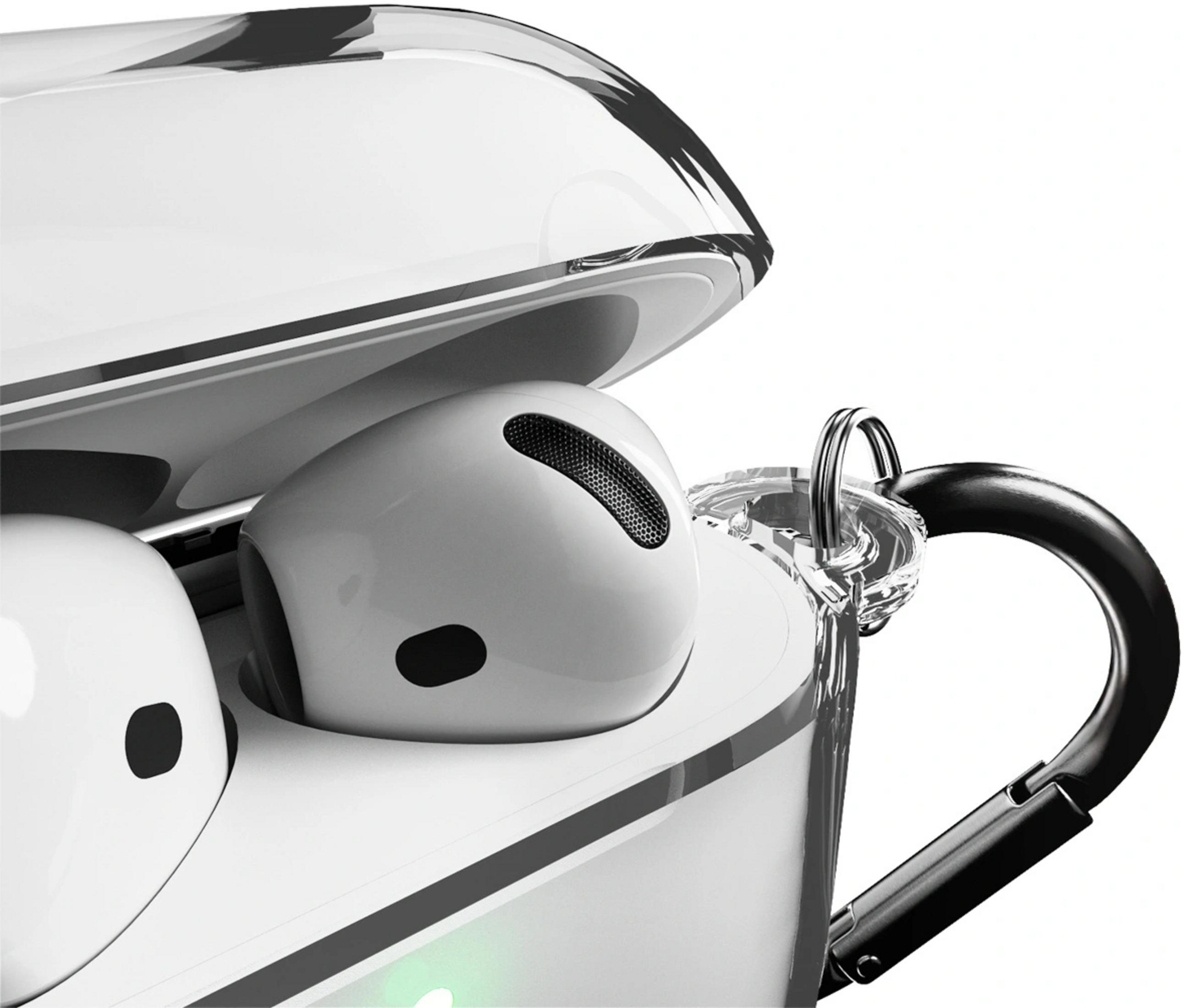 Auriculares inalámbricos blancos en un estuche de carga transparente con clip.