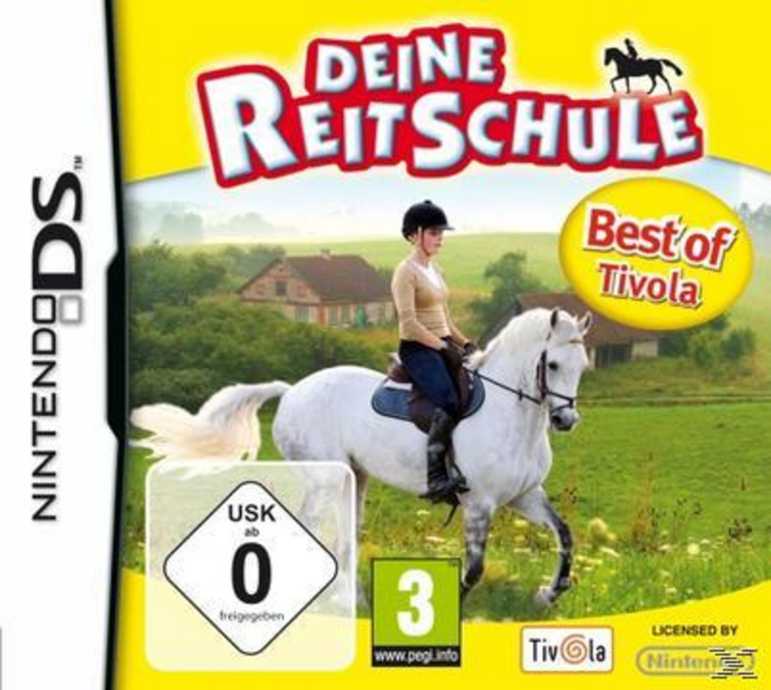 Eine Reiterin auf einem weißen Pferd vor einer Landschaft mit Häusern.