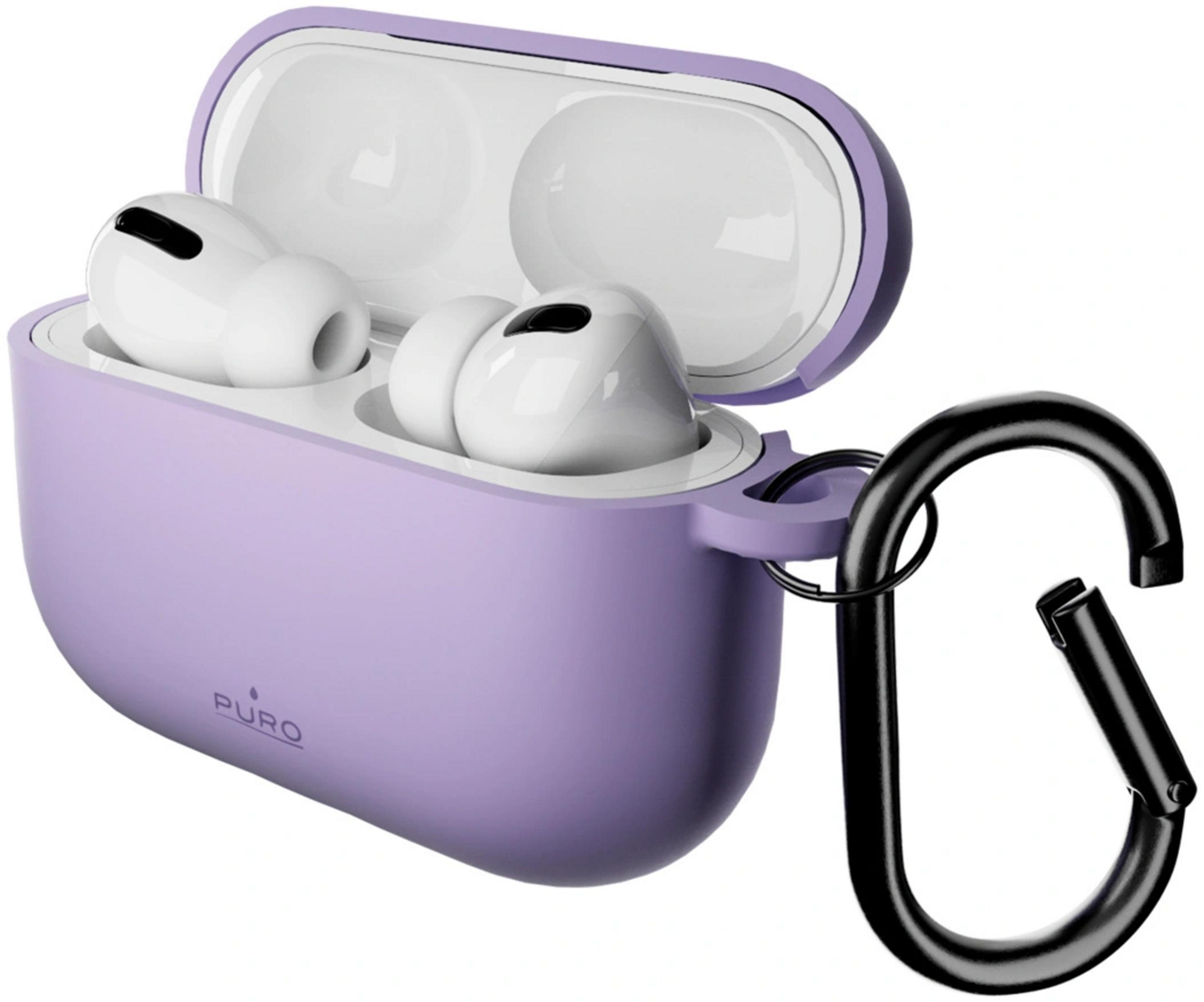 Un estuche lavanda con auriculares blancos y un clip mosquetón negro.